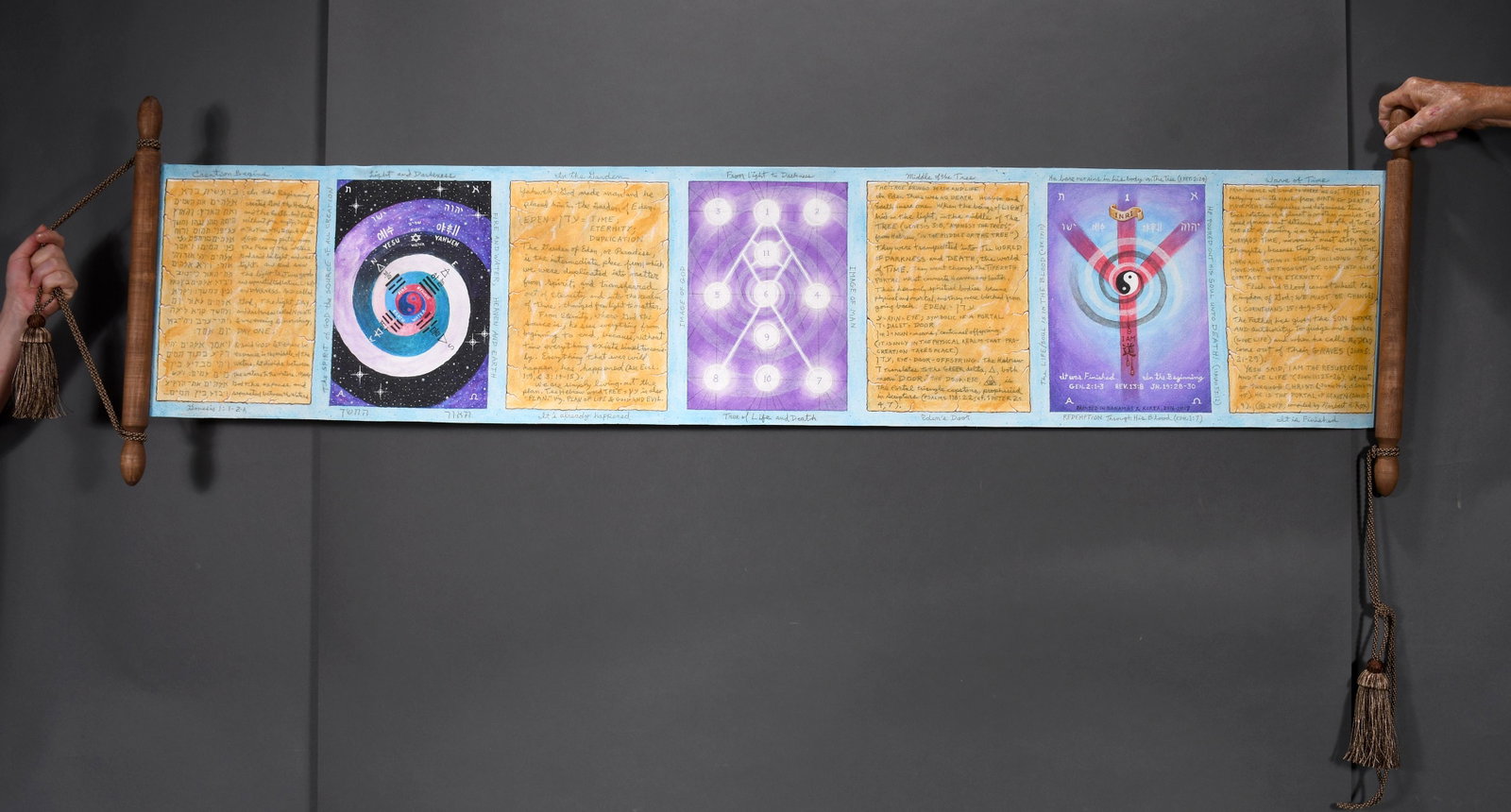 Norbert Kox. Redemption Through Blood.: Norbert Kox. Redemption Through His Blood Scroll. Signed. Paint and graphite on canvas with wood handles. Excellent condition. 64"w x 19"h. Est. $300-500. Ship: $35 (rolled)