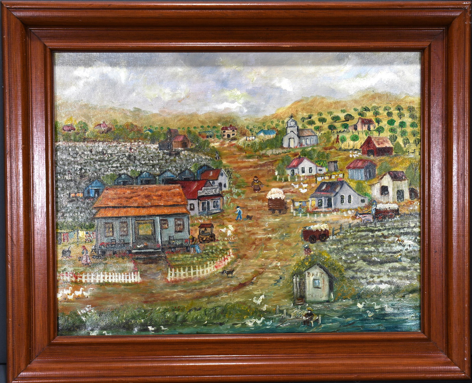 Inez Kirk. Farm Town.: Inez Kirk. Farm Town. Signed. Oil on canvas. Water damage to center right otherwise good condition. 22"w x 18"h. Est. $100-200. Ship: $45