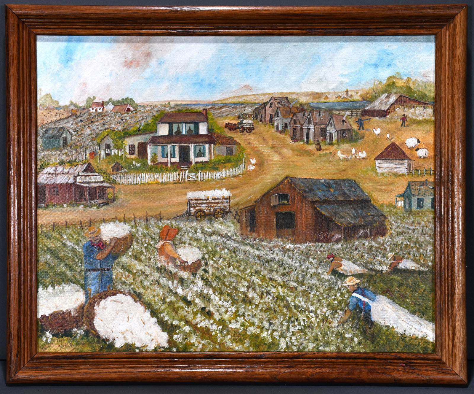 Inez Kirk. Cotton Farm.: Inez Kirk. Cotton Farm. Signed. Oil on canvas panel. Excellent condition. 22"w x 18"h. Est. $100-200. Ship: $45