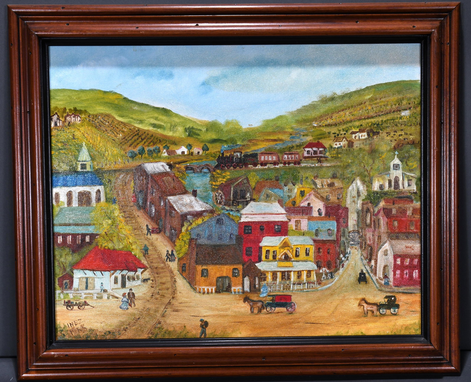 Inez Kirk. Town Scene.: Inez Kirk. Town Scene. Signed. Oil on canvas. Excellent condition. 24"w x 20"h with frame. Est. $100-200. Ship: $45