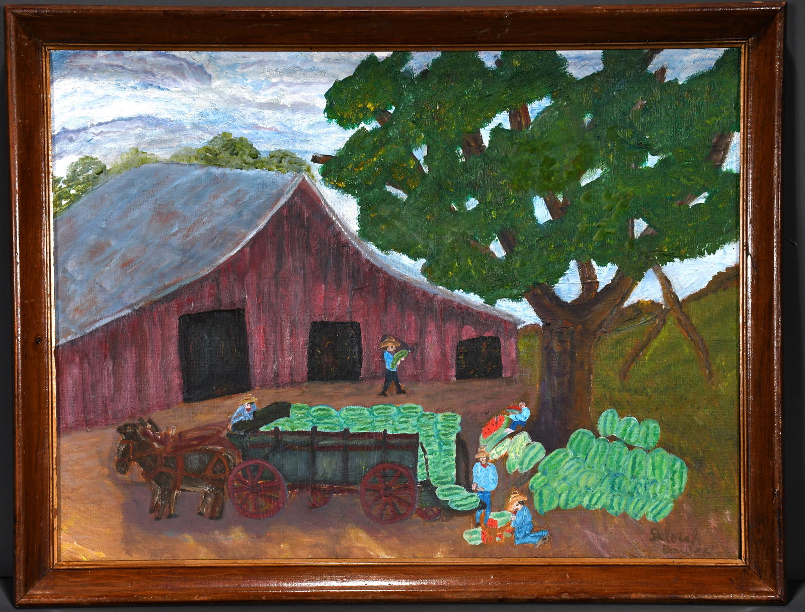 Debbie Bowden. Watermelon Cart.: Debbie Bowden. Watermelon Cart. Oil on canvas panel. Slight rubs otherwise good condition. 26"w x 20"h with frame. Est. $100-200. Ship: $55