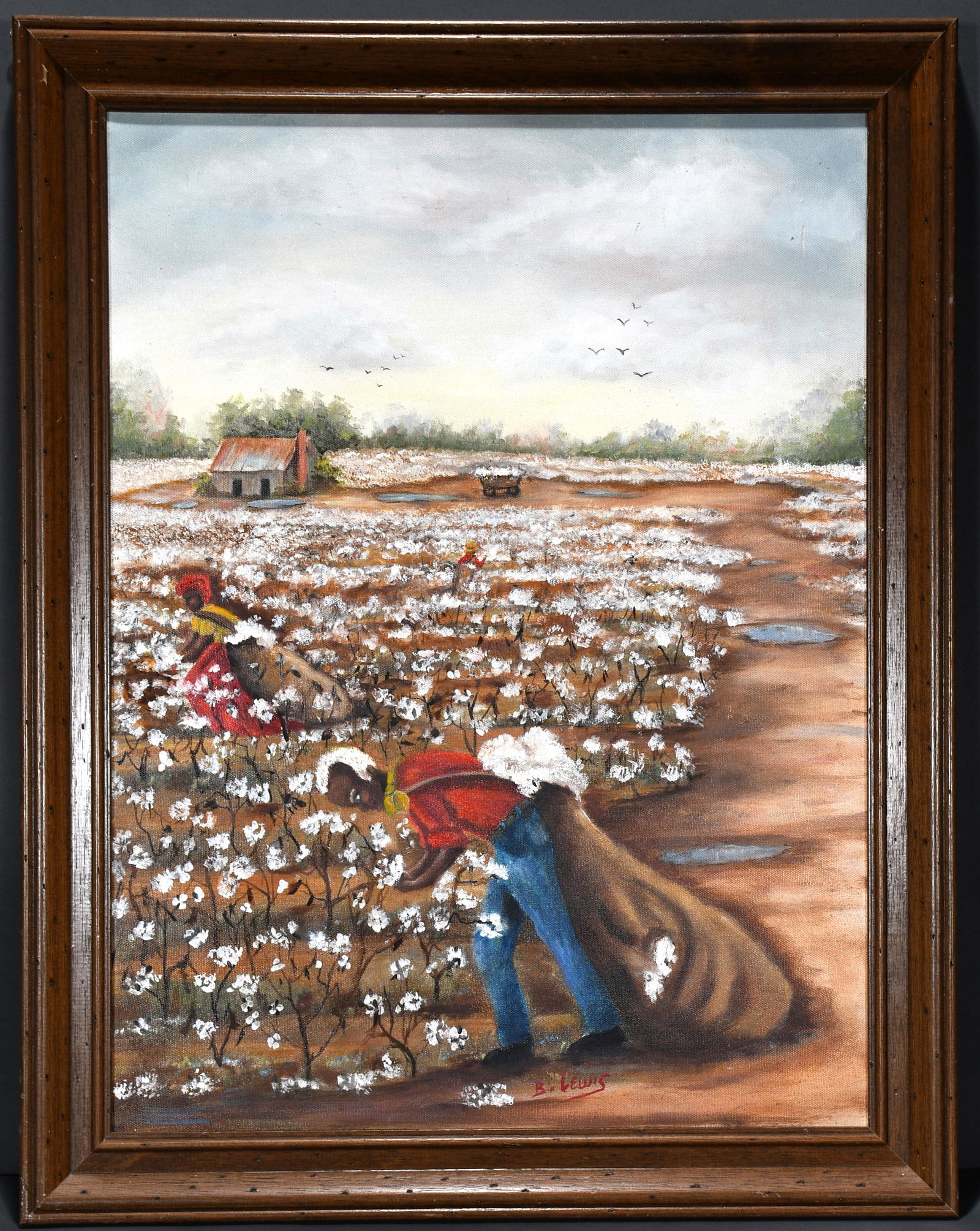 B. Lewis. Cotton Picking.: B. Lewis. Cotton Picking. Signed. Oil on canvas. Excellent condition. 21"w x 28"h with frame. Est. $100-200. Ship: $55