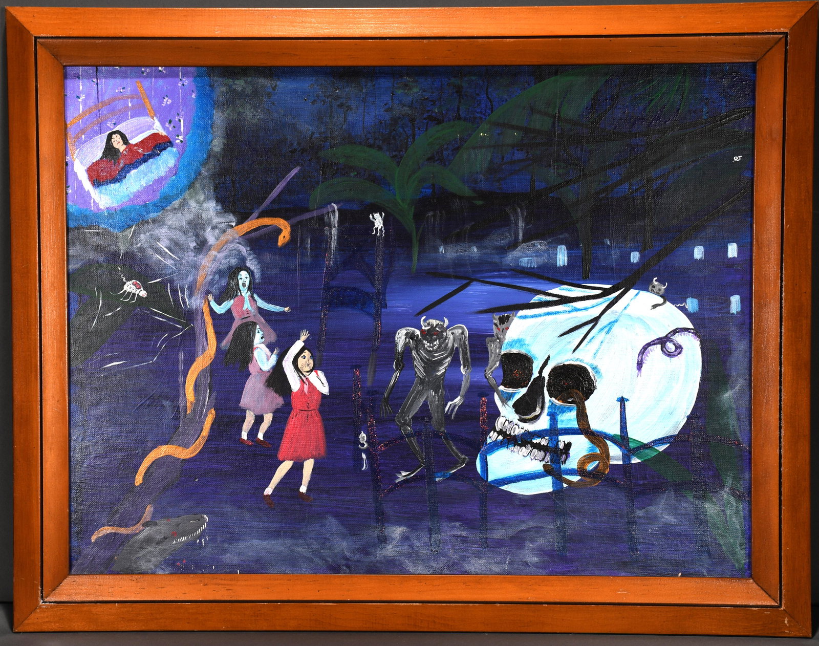 Opal May. Gina's Nightmare.: Opal May. Gina's Nightmare. Oil on canvas panel. Excellent condition. 27"w x 22"h. Est. $100-200. Ship: $55