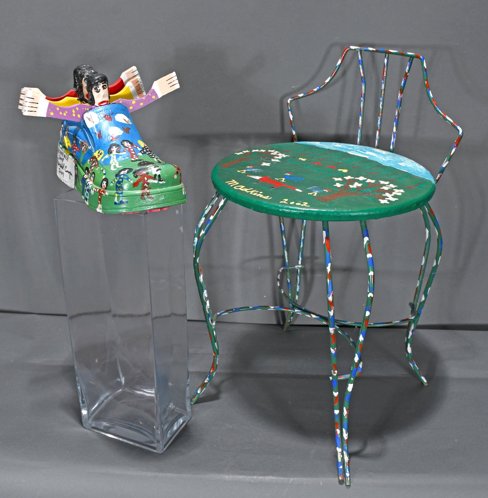 Cooper & Adkins. Shoe & Child's Seat.: Ronald Cooper & Minnie Adkins. Heavenly Shoe and Child's Seat. 2002-2009. Signed. Paint and mixed media. Great condition. Chair is 23"h. Est. $100-300. Ship: $100