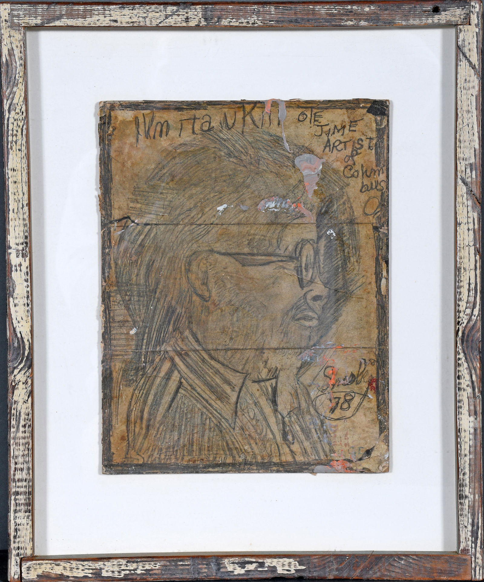 Smoky Brown. Portrait of William Hawkins.: Smoky Brown. Portrait of Artist William Hawkins. 1978. Signed and dated. Graphite on found cardstock. Rough edges and stray material drips, otherwise good to fair condition. Size with frame is 14"w x