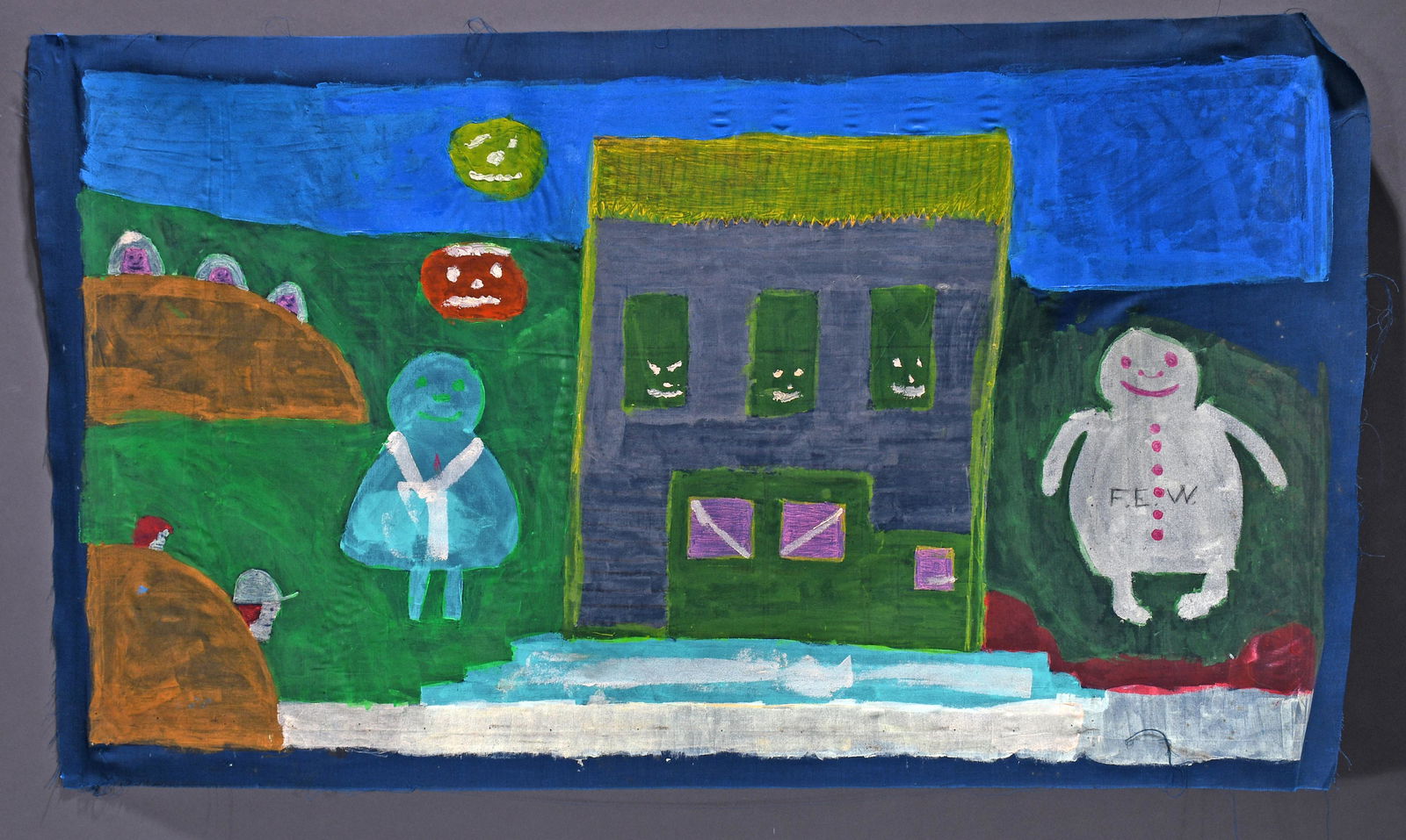 Floretta Warfel. Halloween.: Floretta Warfel. Halloween. Initialed. Paint on cotton sheet. Excellent condition. 43"w x 29"h. Est. $100-200. Ship: $45 (rolled)