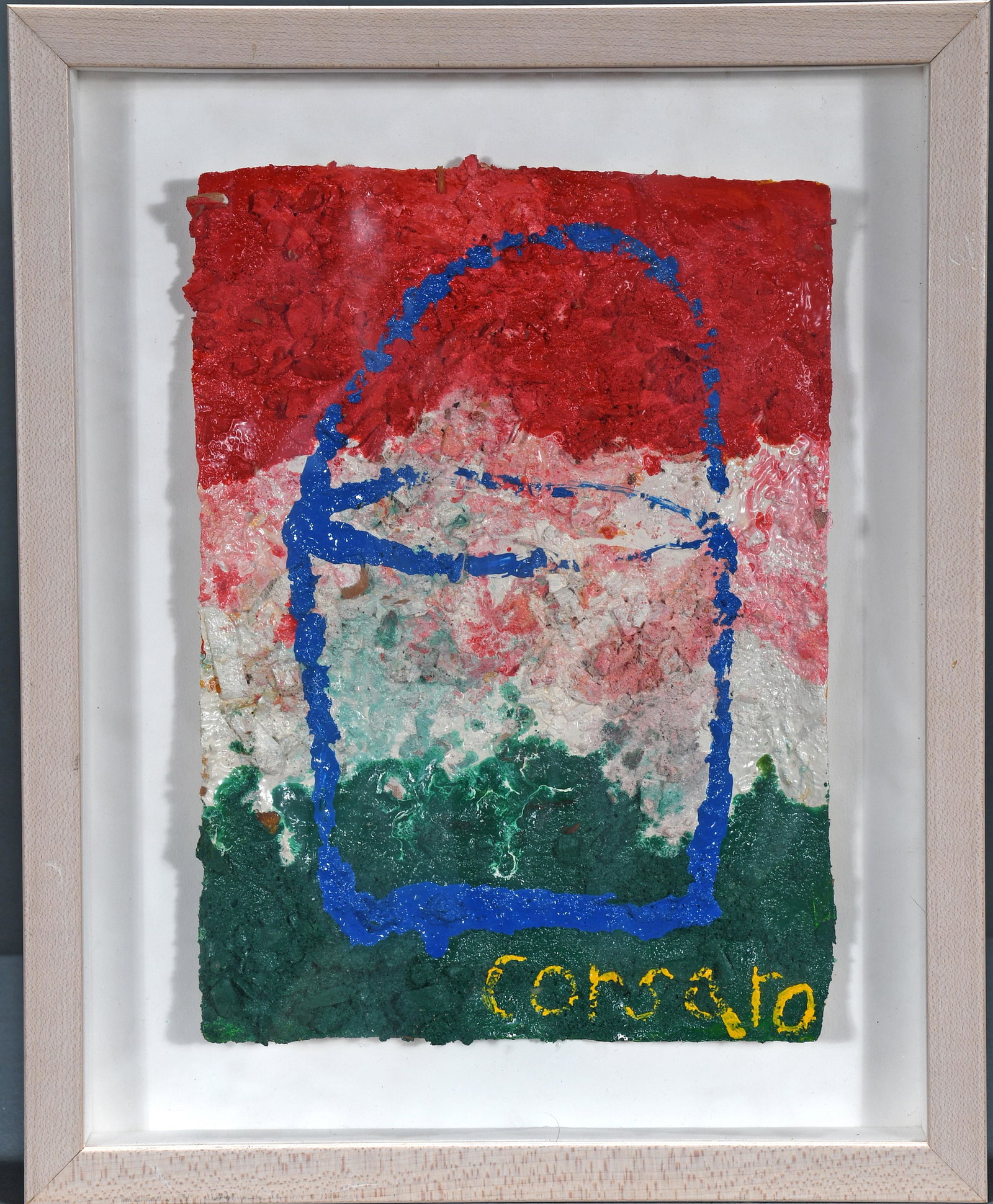 Ben Gocker. Blue Pail On Italian Flag.: Ben Gocker. Blue Pail On Italian Flag. c. 2010. Signed. Oil enamel and sawdust on handmade paper. Excellent condition. 10.5"w x 13"h. Est. $100-200. Ship: $45