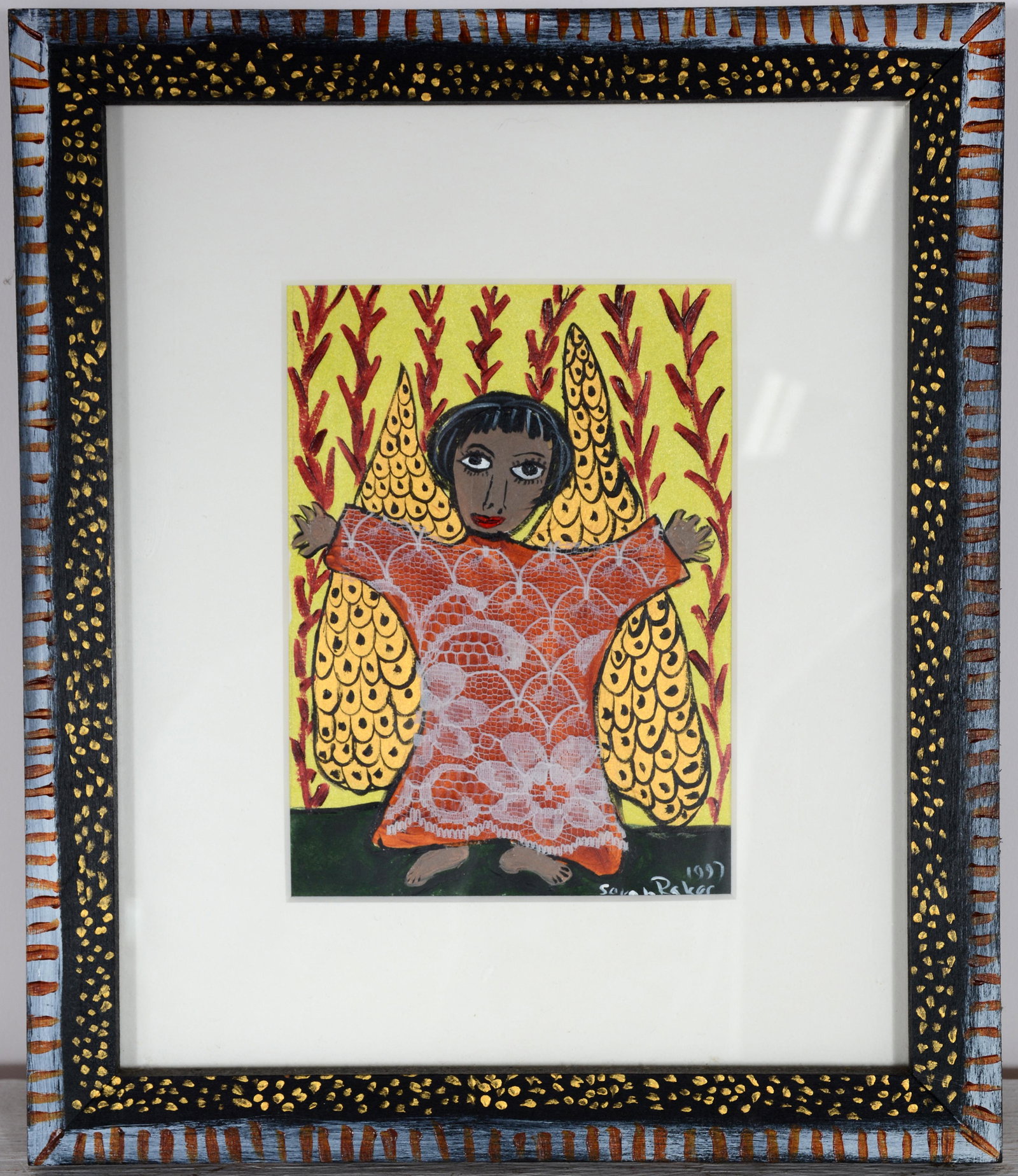 Sarah Rakes. Angel With Dark Hair.: Sarah Rakes. Angel With Dark Hair. 1997. Signed, dated and titled. Paint and fabric on paper. Excellent condition. 10"w x 12"h with artist-made frame. Est. $100-200. Ship: $35