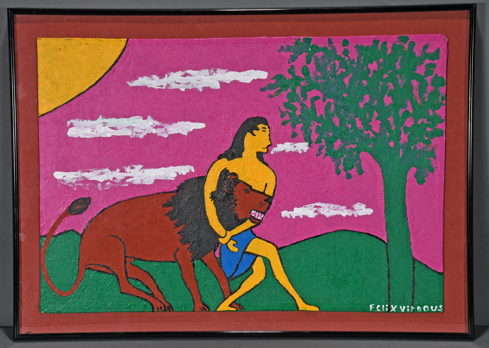 Felix Virgous. Samson With Lion.: Felix Virgous. Samson With The Lion. Signed. Paint on canvas panel. Excellent condition. 27"w x 20"h. Est. $200-400. Ship: $55