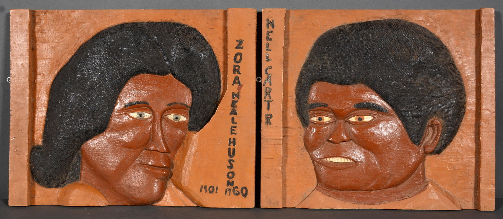 Zora Neal Thurston and Nell Carter.: Unknown Artist. Zora Neal Thurston and Nell Carter. Not signed or dated. Titled. Carved and painted wood-relief plaque. Excellent condition. 14"w x 11"h each. Est. $200-300. Ship: $55