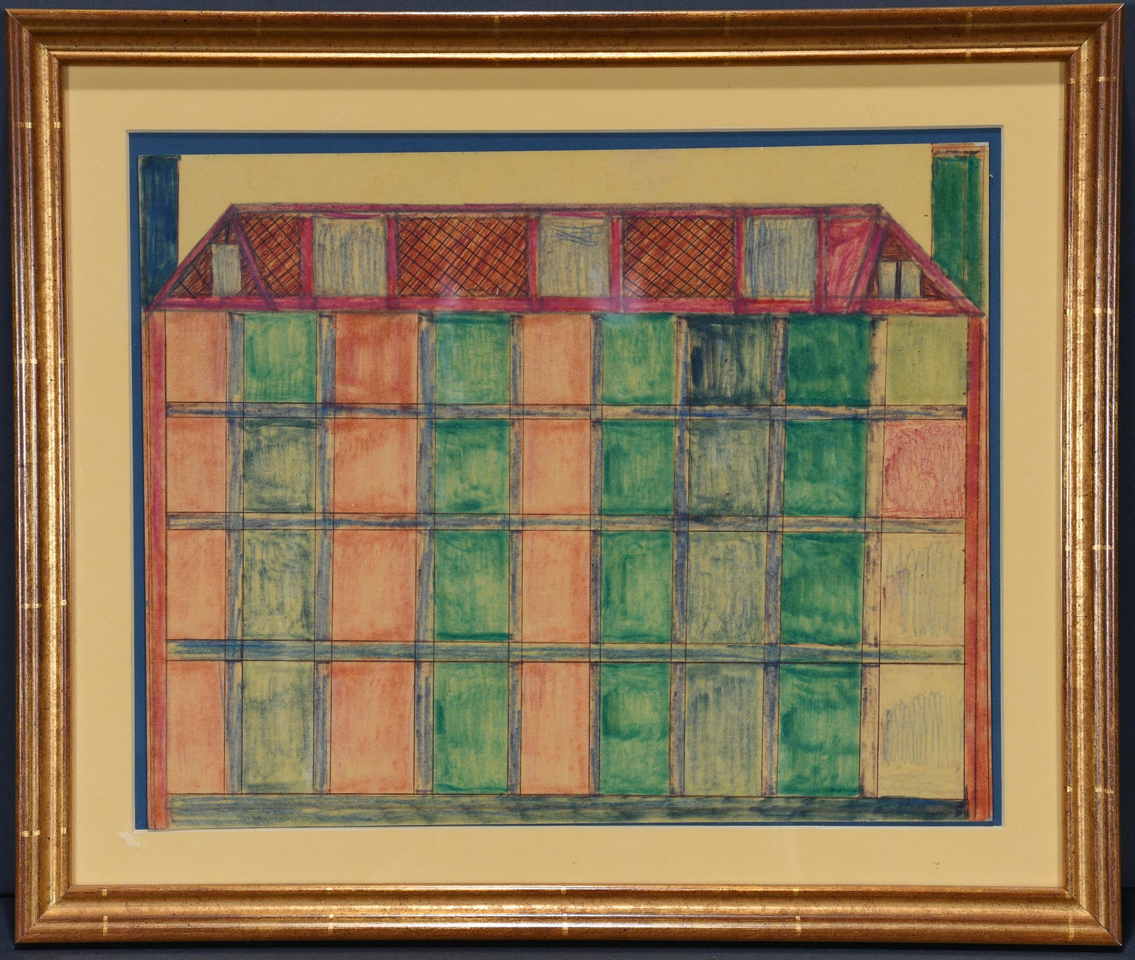Marcel Zizi Drouin. Checkerboard House.: Marcel Zizi Drouin. Checkerboard House. 1982. Not signed. Dated on verso. Marker and ink on cardstock. Slight fading otherwise good condition. 15"w x 13"h with frame. Est. $100-200. Ship: $45