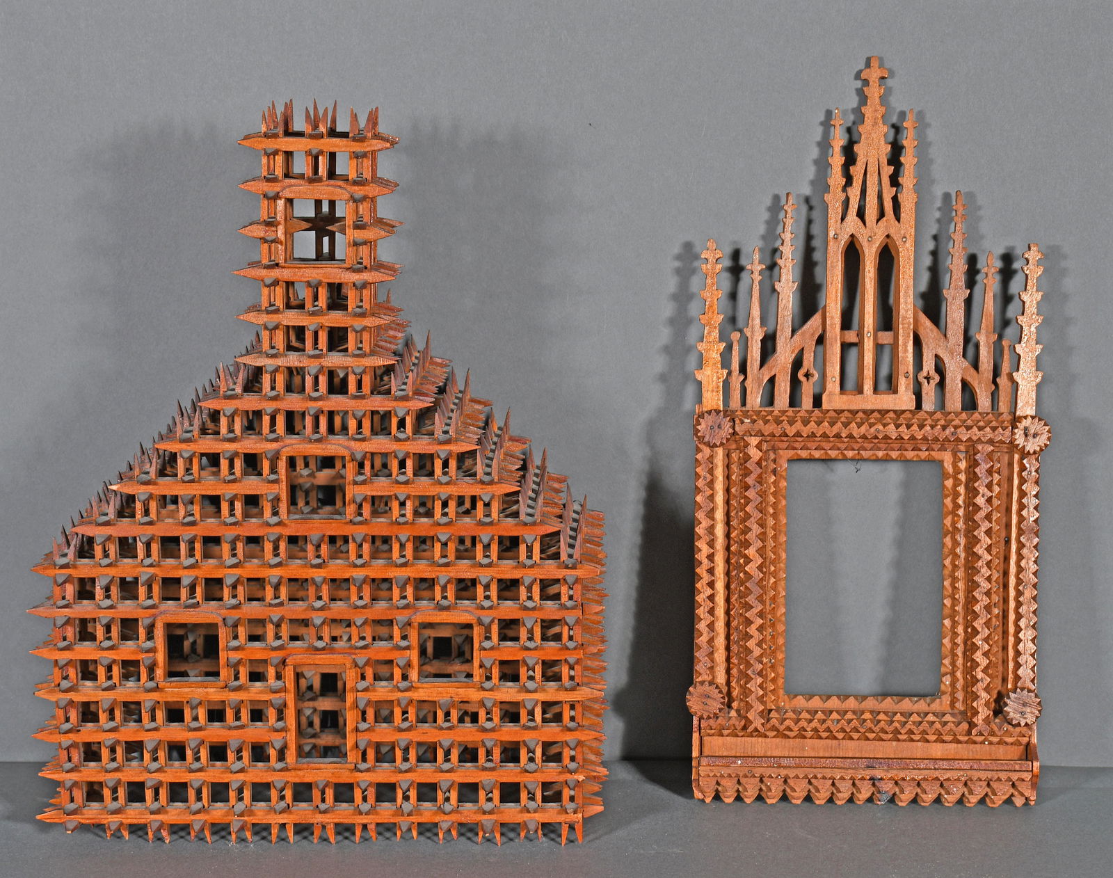 Tramp Art Church and Frame.: Anonymous Tramp Art Church and Frame. Not signed. Carved and stained wood. Good to great condition. Largest 18" x 12". Provenance: The Russell and Barbara Bowman Collection. Est. $200-300. Ship: $150