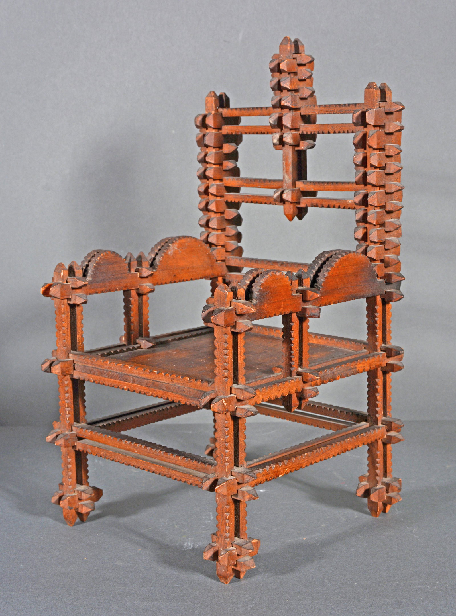 Tramp Art Doll Chair.: Anonymous Tramp Art Doll Chair. Not signed. Carved and varnished wood. Minor wear, otherwise great condition. 14" x 8" x 8". Est. $100-200. Ship: $45