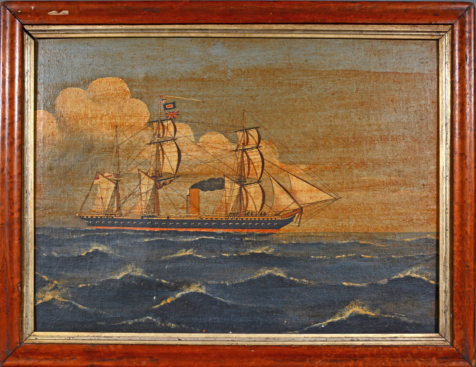 British Steam and Sail Schooner.: Anonymous British Steam and Sail Schooner. c. late 1800's. Oil on canvas with varnish. Excellent condition. Size with early frame is 26"w x 20"h. Provenance: The Gary Davenport Collection. Est. $800-1
