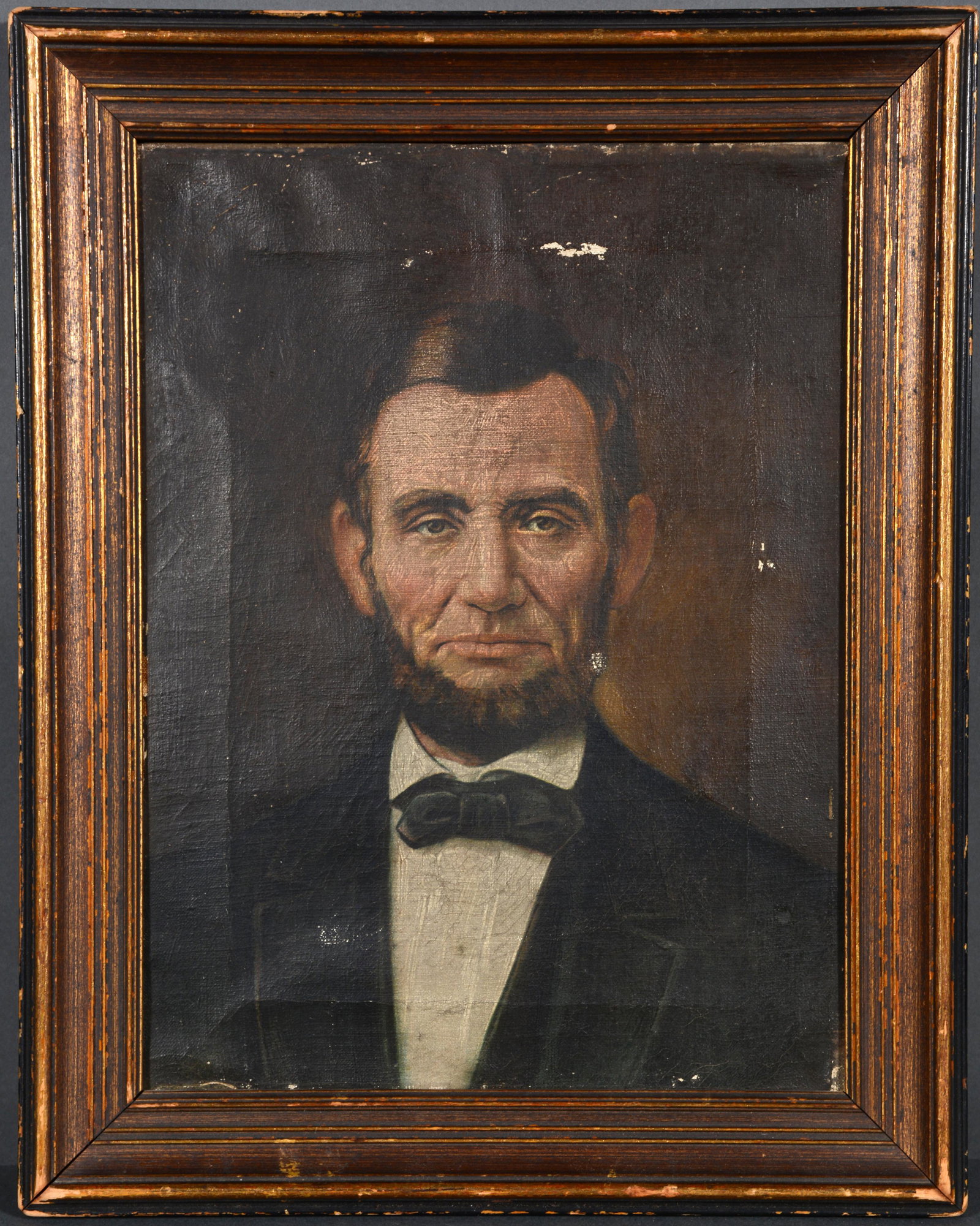 Abe Lincoln.: Anonymous. Abe Lincoln.c. unknown. Not signed or dated. Oil on canvas. Wear on top and frame edges visible, otherwise good condition. Image is 8 1/2 x 11 1/2 Size with frame is 11.5"w x 14.5"h. Est. $