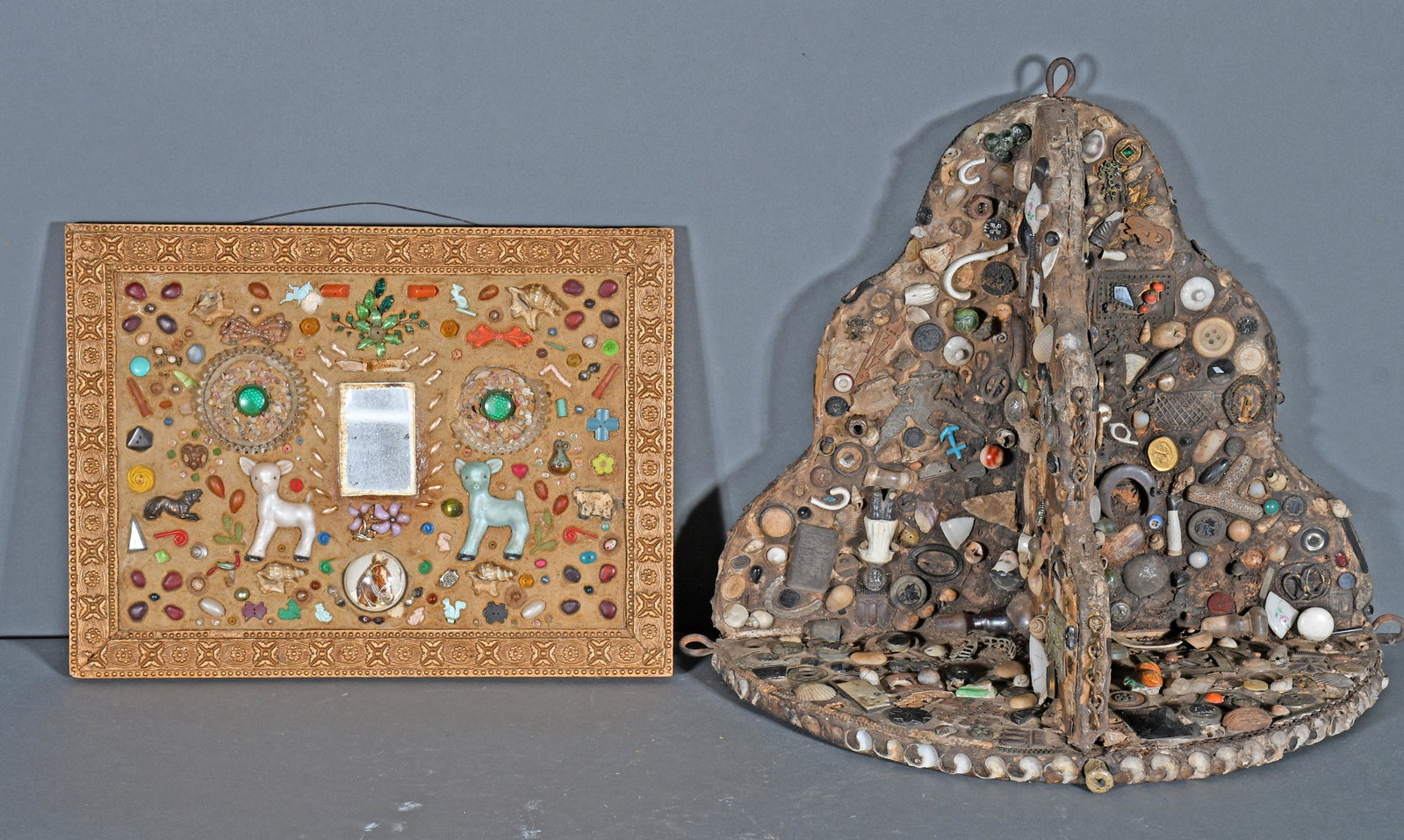 Hanging Memory Plaque and Shelf.: Anonymous. Hanging Memory Plaque and Shelf. Not signed. Mixed media on board. Good to fair condition. Largest is 20" x 17". Est. $200-300. Ship: $300