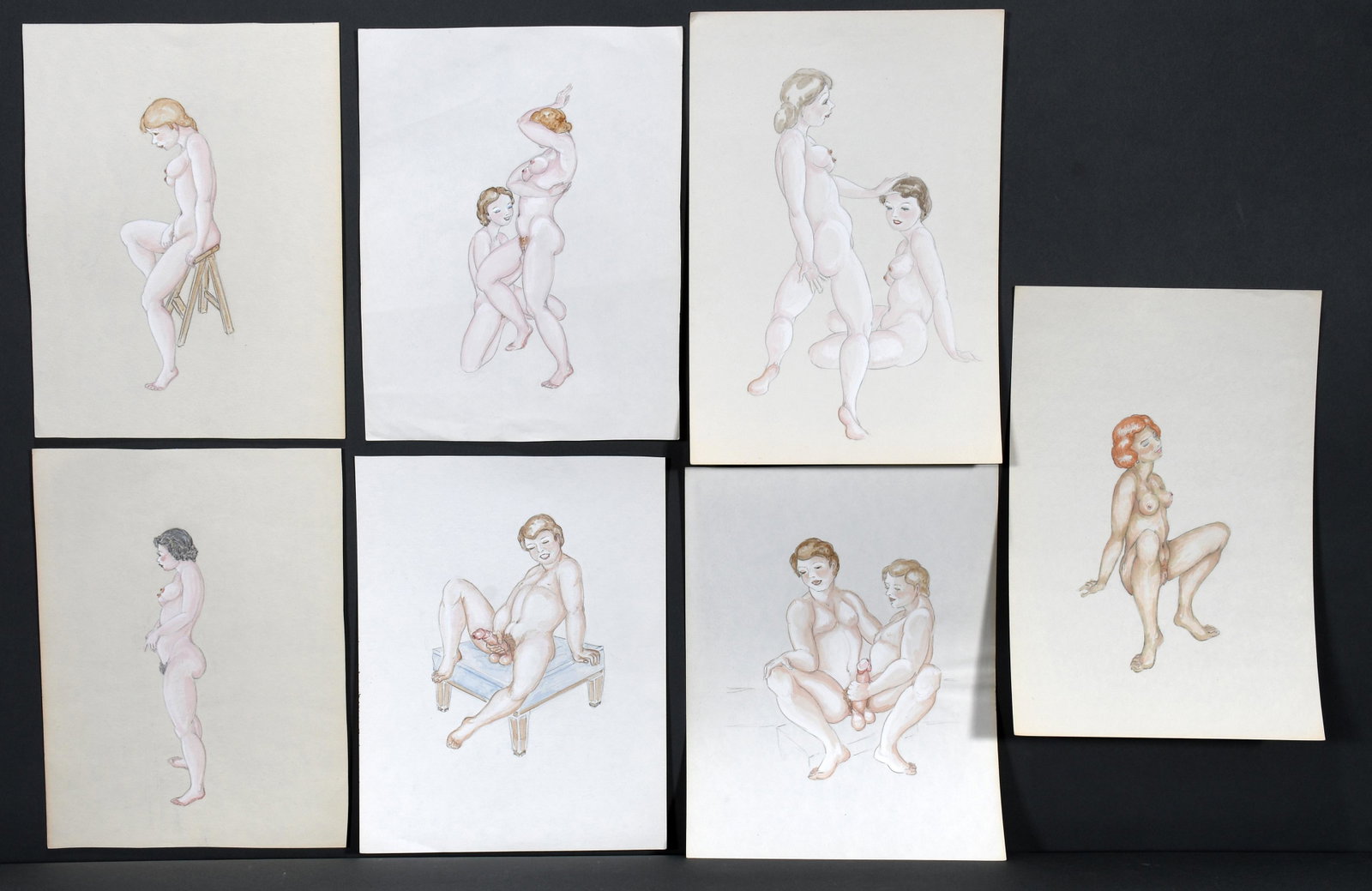 Dean Henry. 7 Erotic Drawings.: Dean Henry. Seven Erotic Women and Men Drawings. Pastel and graphite on paper. Excellent condition. Average size is 9" x 12". Est. $200-400. Ship: $45