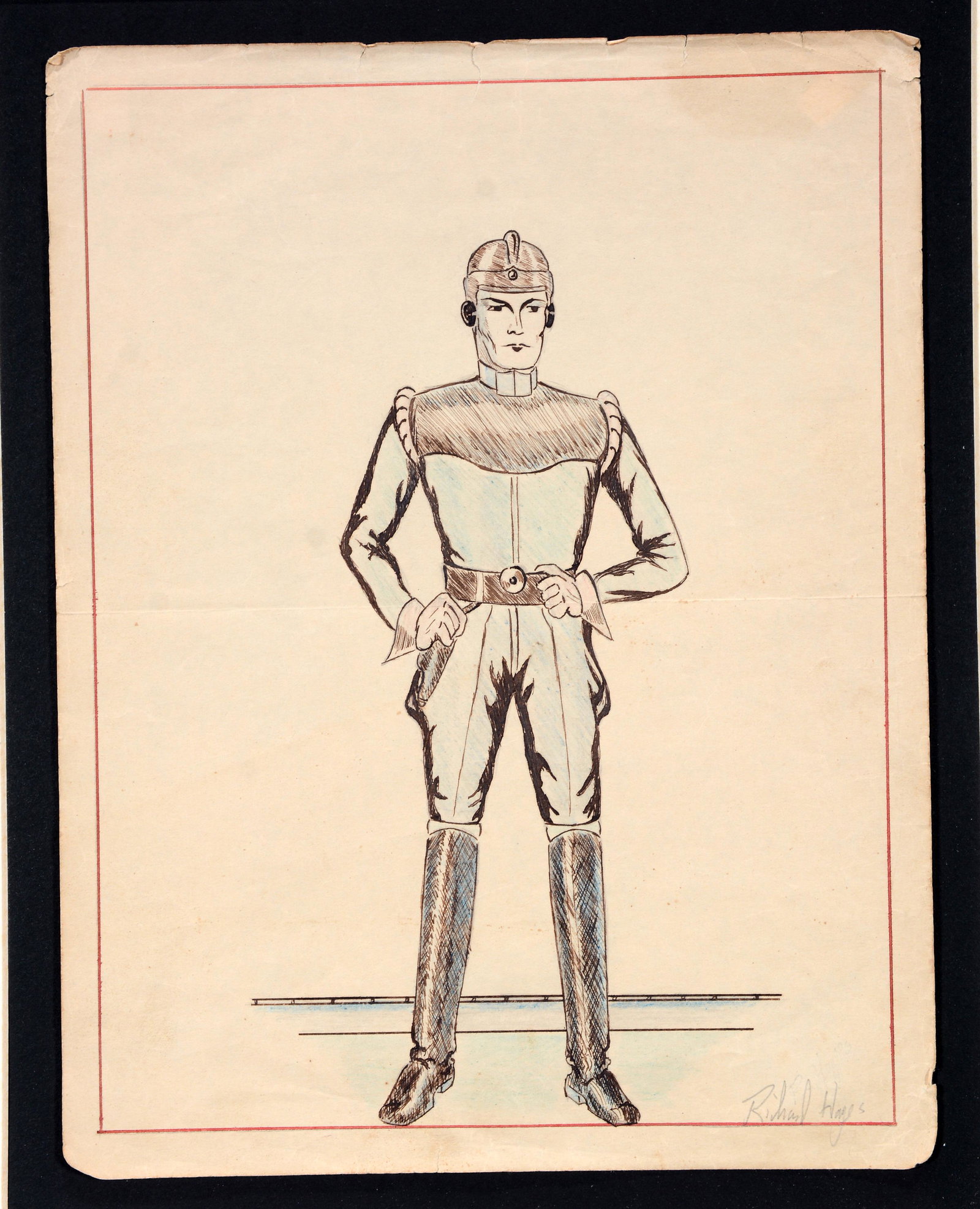 Richard Hayes. Space Man With Helmet.: Richard Hayes. Space Man With Helmet. c. 1940's-50's. Signed. Colored pencil and ink on paper. Minor wear on edges. 8.5"w x 11"h. Est. $300-500. Ship: $45