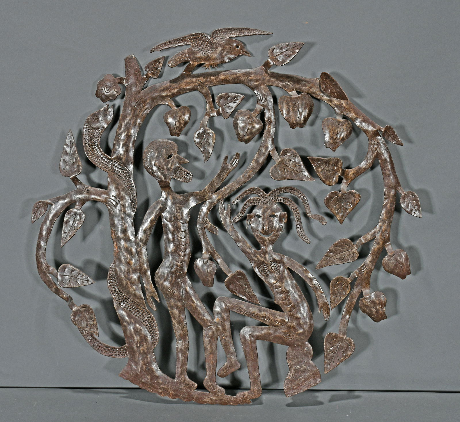 Julio. Adam and Eve.: Julio. Adam and Eve. Signed. Cut-out metal drum. Excellent condition. 23" diameter. Est. $100-200. Ship: $55