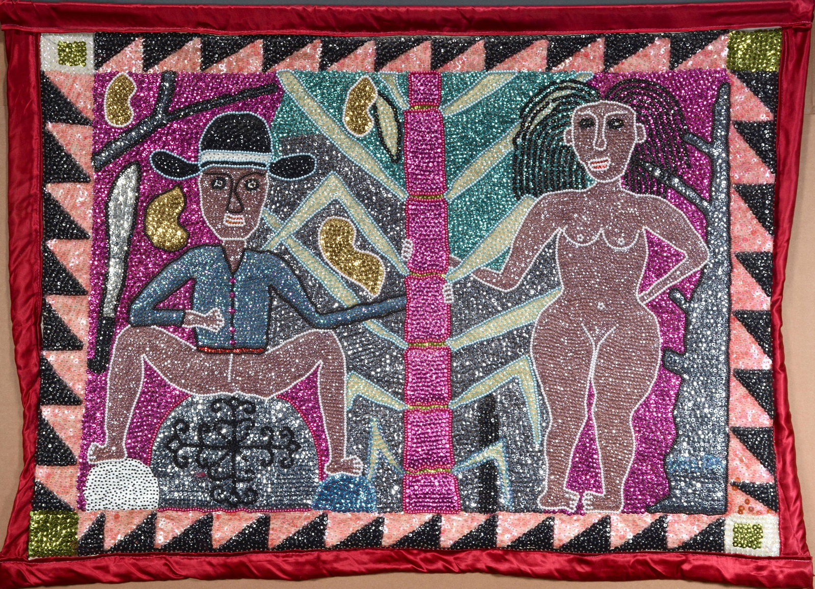 Man & Nude Woman Voodoo Flag.: Anonymous. Man and Nude Woman Voodoo Flag. Heavily beaded and sequins backed to rayon. Excellent condition. 42"w x 31"h. Est. $400-600. Ship: $45 (rolled)