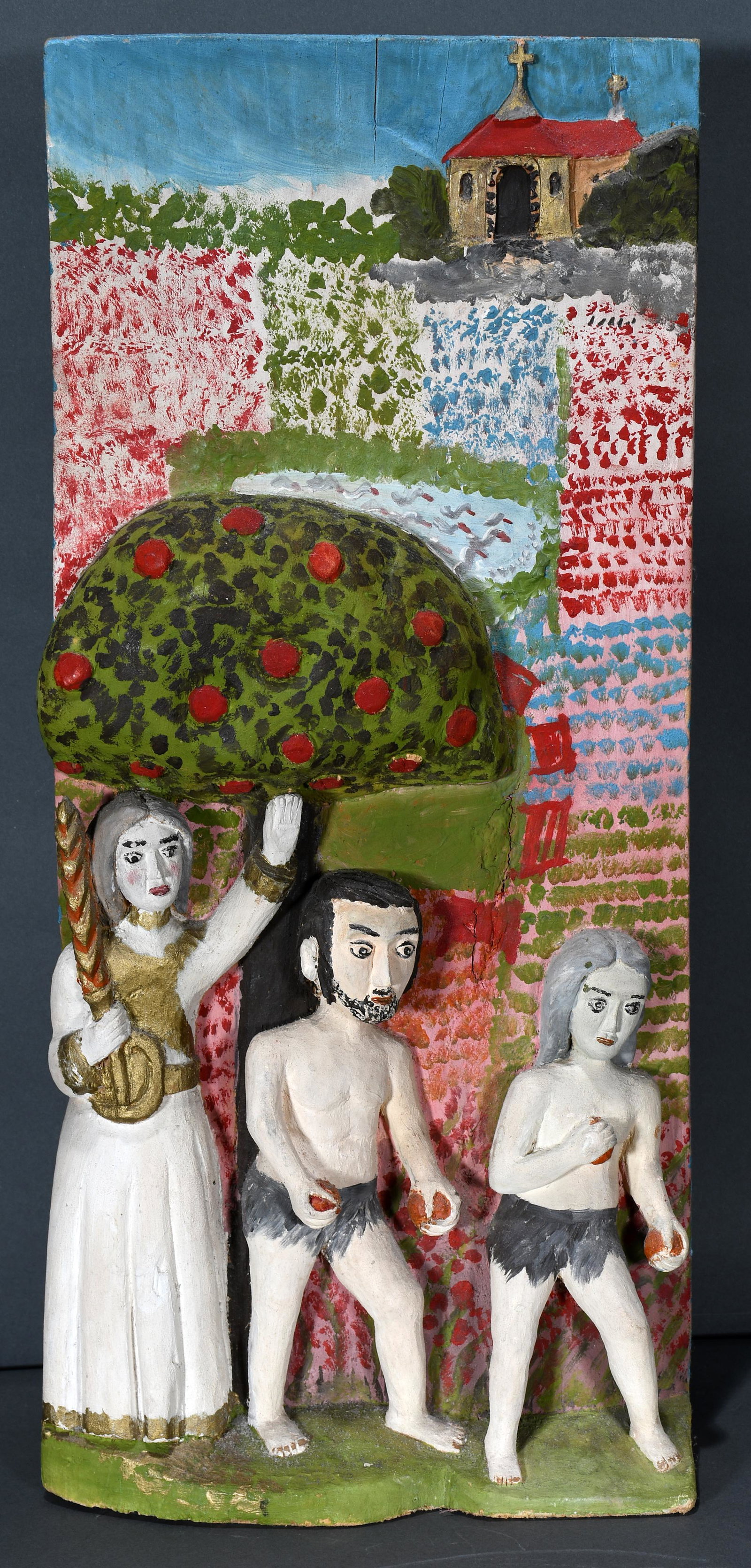 Adam & Eve Expulsion From Garden.: Unknown Artist. Adam and Eve Expulsion From The Garden. Carved and painted wood-relief. Excellent condition. 10"w x 21"h x 5"d. Est. $200-300. Ship: $45