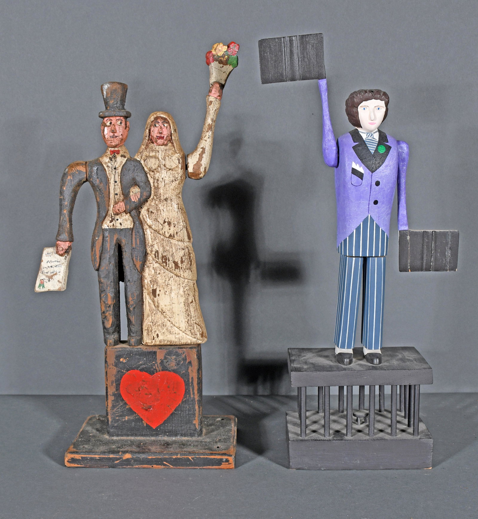 Rubye Copus. Pair of Whiligigs.: Rubye Copus and Unknown. Pair of Whirligigs. 1978. Signed and dated. Carved and painted wood. Good to excellent. Average is 8" x 19". Est. $200-300. Ship: $75