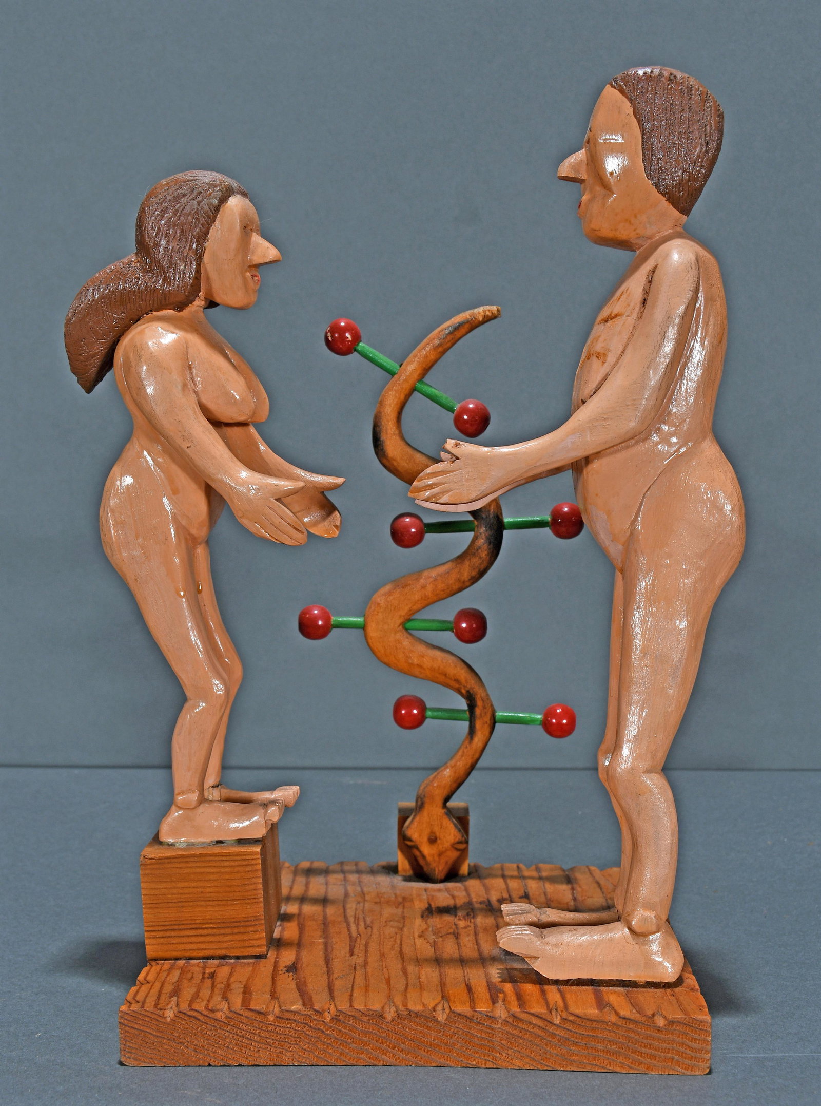 Lewis Lamb. Adam and Eve.: Lewis Lamb. Adam and Eve. Not signed. Original tag from Ann Jacobs America Gallery Label on bottom. Carved and painted wood. Appears to have breaks and repairs throughout, otherwise good to fair condi