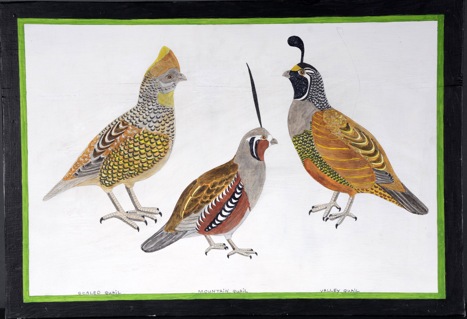 Leslie Rogers. Three Quails.: Leslie Rogers. Three Quails. Not signed. Paint on board. Great condition. 26"w x 18"h. Provenance: Pat Keller. Est. $100-200. Ship: $55