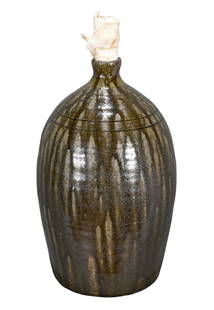 Lanier Meaders. Personal Whiskey Jug.: Lanier Meaders. Personal Whiskey Jug. c. 1970's. Signed. Beautiful tobacco-spit glaze. Mint condition. 16" h with original stopper. Provenance: Purchased directly from artist by Dave Knoke. Est.