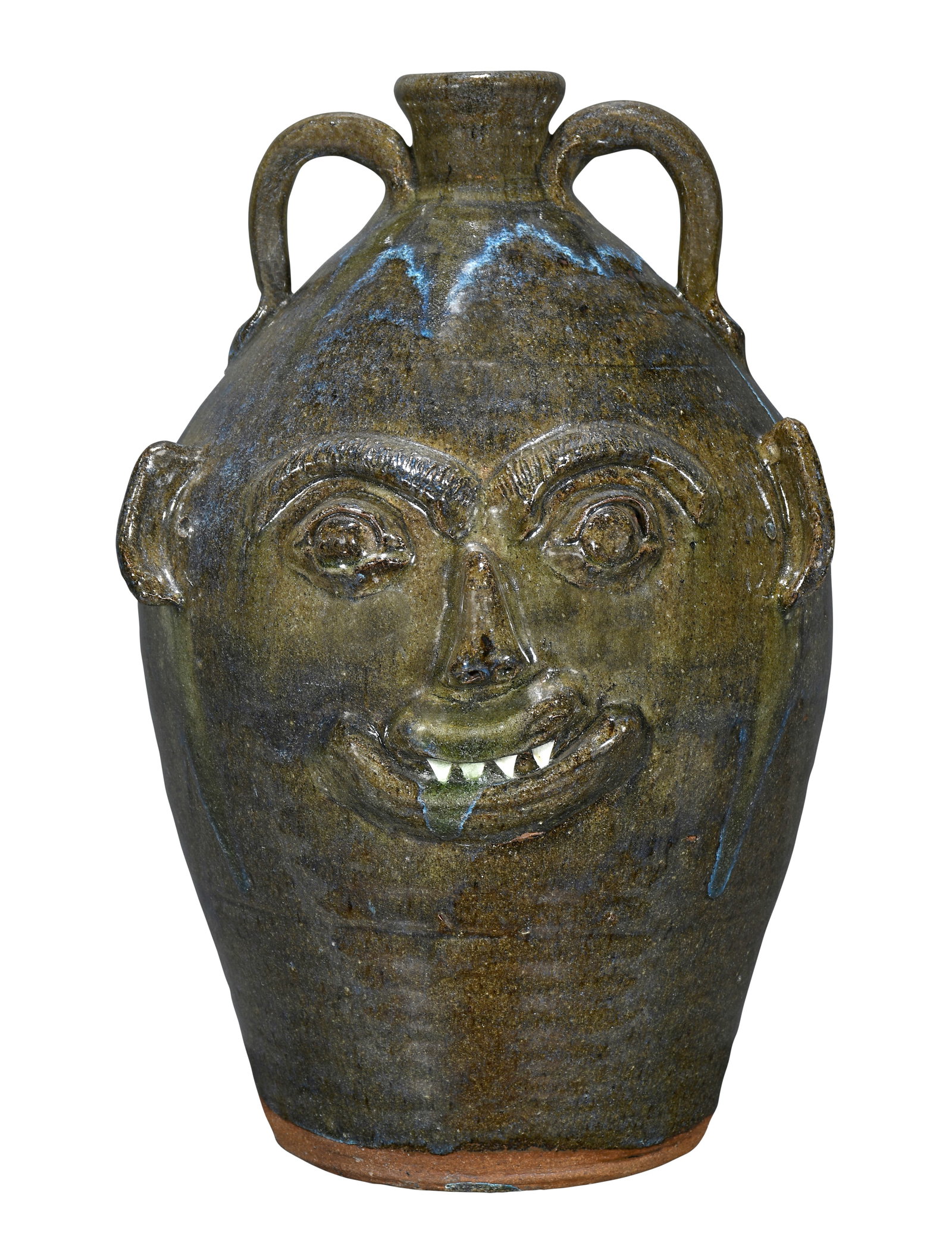B.B. Craig. Large Five Gallon Face Jug.: B.B. Craig. Large Five Gallon Face Jug. Stamped. Ash glaze with blue rutile drips. Triangle china teeth. Mint condition. 19" h. Est. $1,000-3,000. Ship: $125