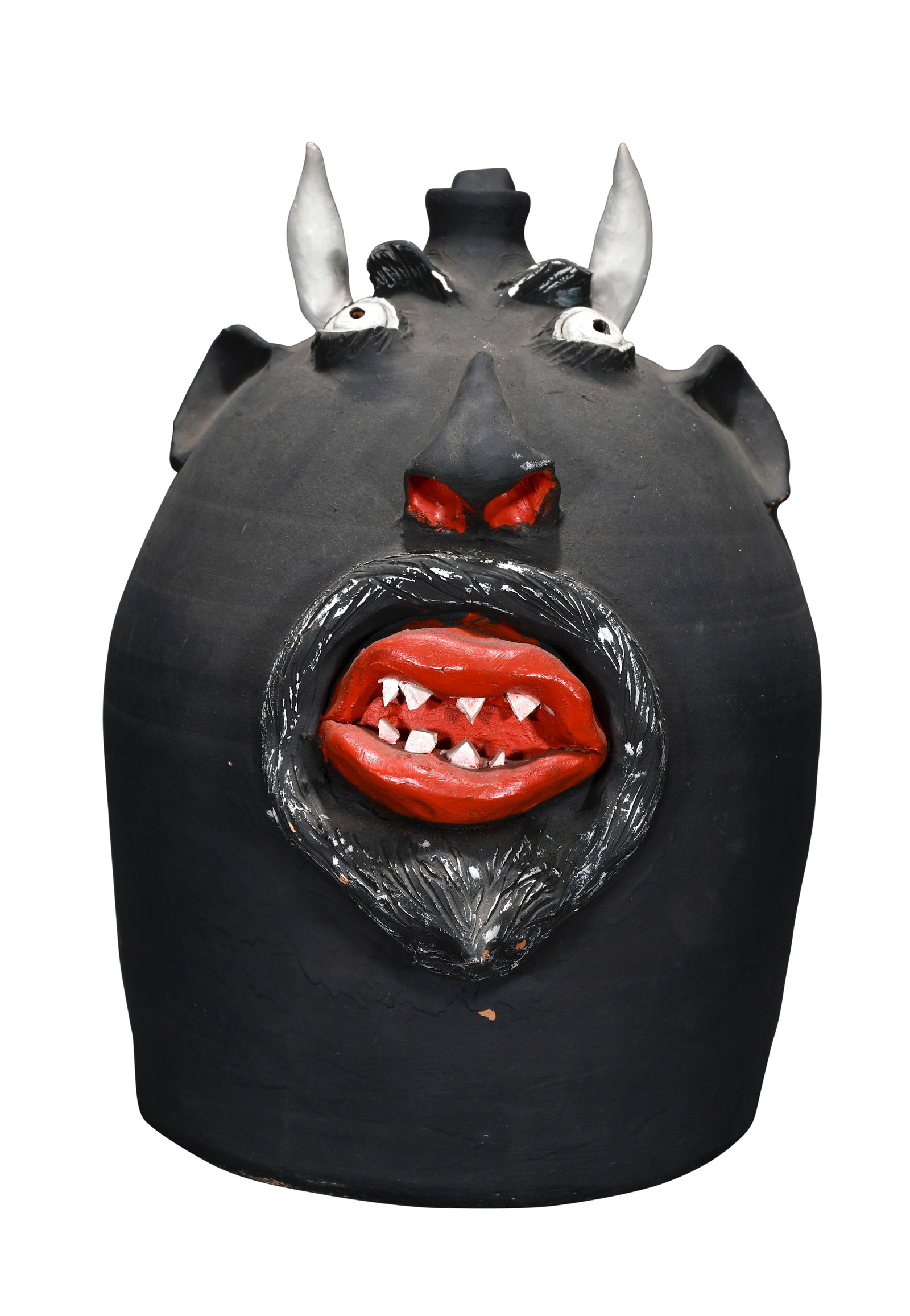 Brown's Pottery. Three Gallon Black Devil Face Jug.: Brown's Pottery. Three Gallon Black Devil Face Jug. Signed. Painted glaze with china teeth. Excellent condition. 14" h. Est. $1,000-2,000. Buyer is responsible for shipping.
