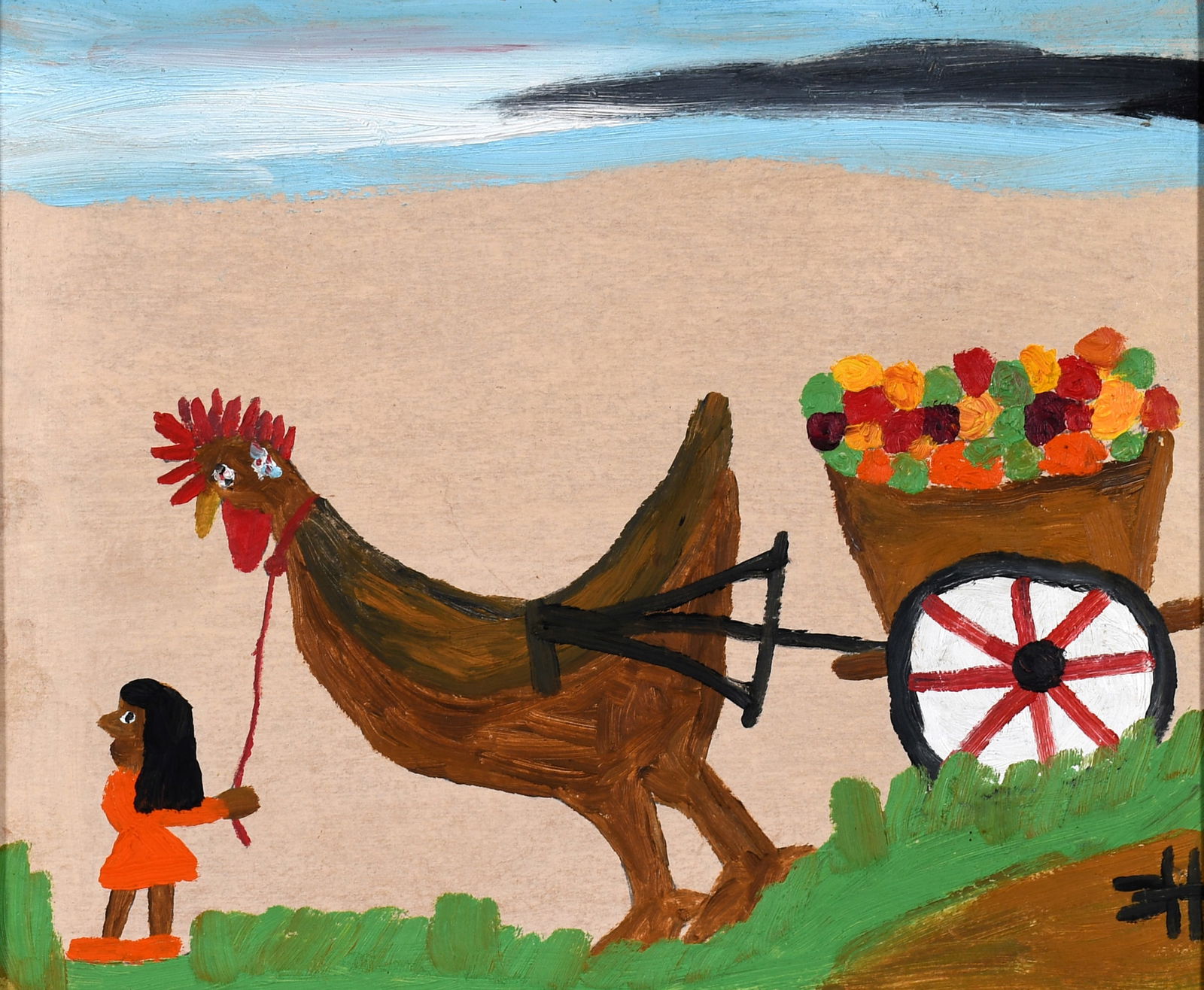 Clementine Hunter. Girl Pulling Peach Cart With Chicken. (1 of 8)