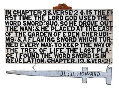 Jesse Howard. The First Time The Lord God Used The Word Sword.: Jesse Howard. The First Time The Lord God Used The Word Sword. Signed and titled. Paint on Masonite with carved wooden sword attached by wire. Excellent condition. Masterpiece example. 24" w x 19" h.