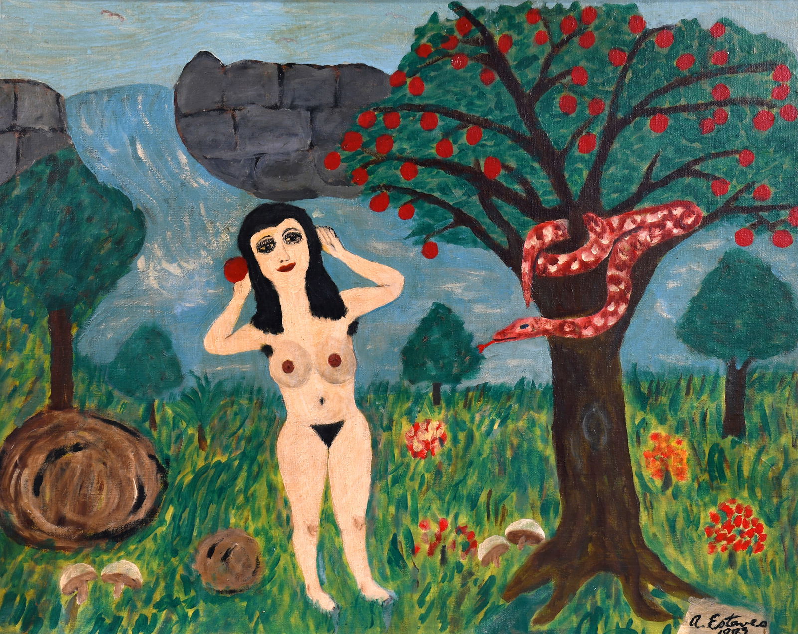 Antonio Esteves. Eve In The Garden.: Antonio Esteves. Eve In The Garden. 1973. Signed and dated. Oil on canvas panel. Original hole from hanging and minor surface wear, otherwise excellent condition. Masterpiece example. Frame is 34" w x