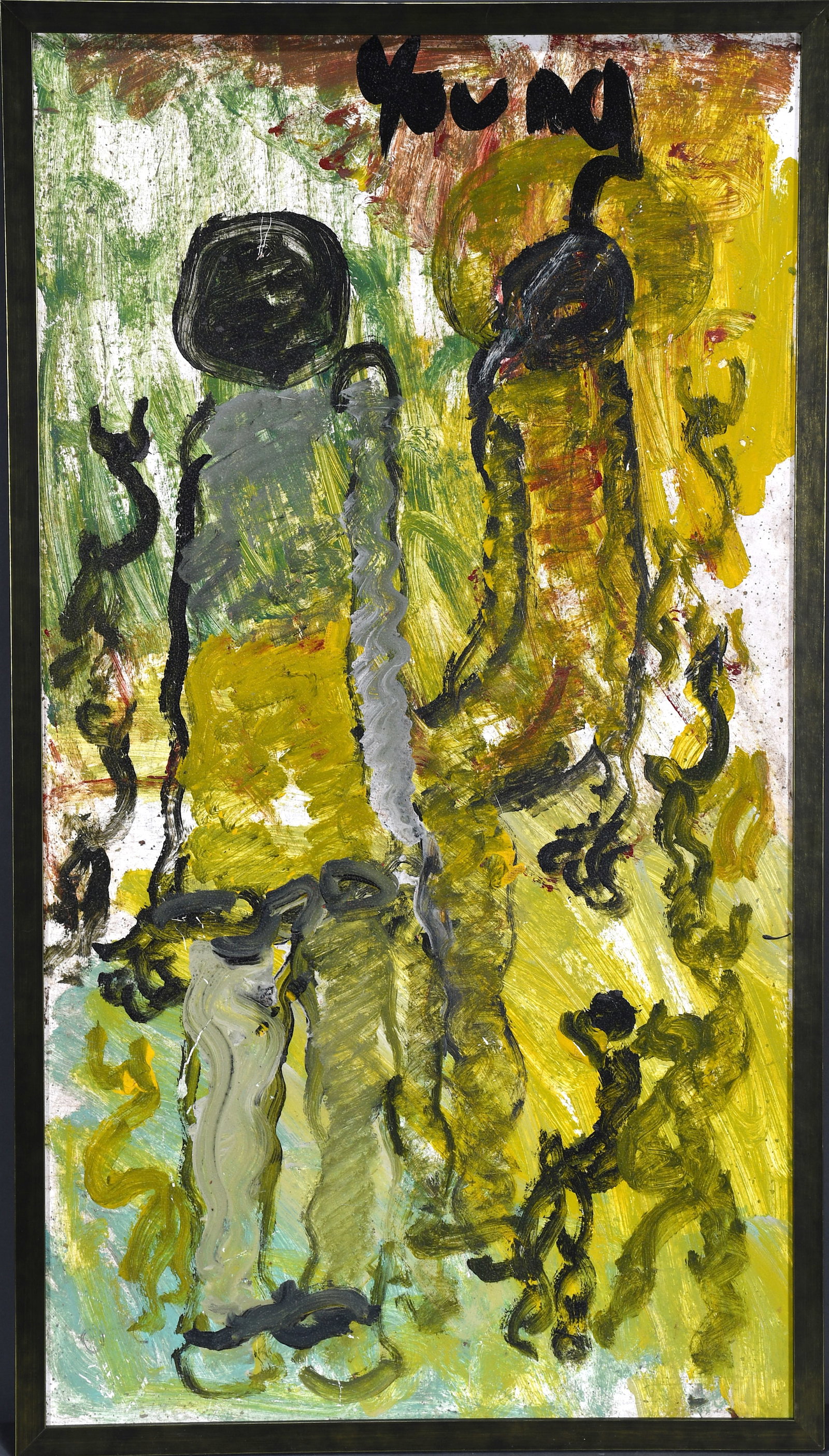 Purvis Young. Ancestor In Bondage.: Purvis Young. Ancestor In Bondage. Signed. Paint on found artist board. Excellent condition. Frame is 21" w x 37" h. Est. $1,000-$2,000. Ship: $85