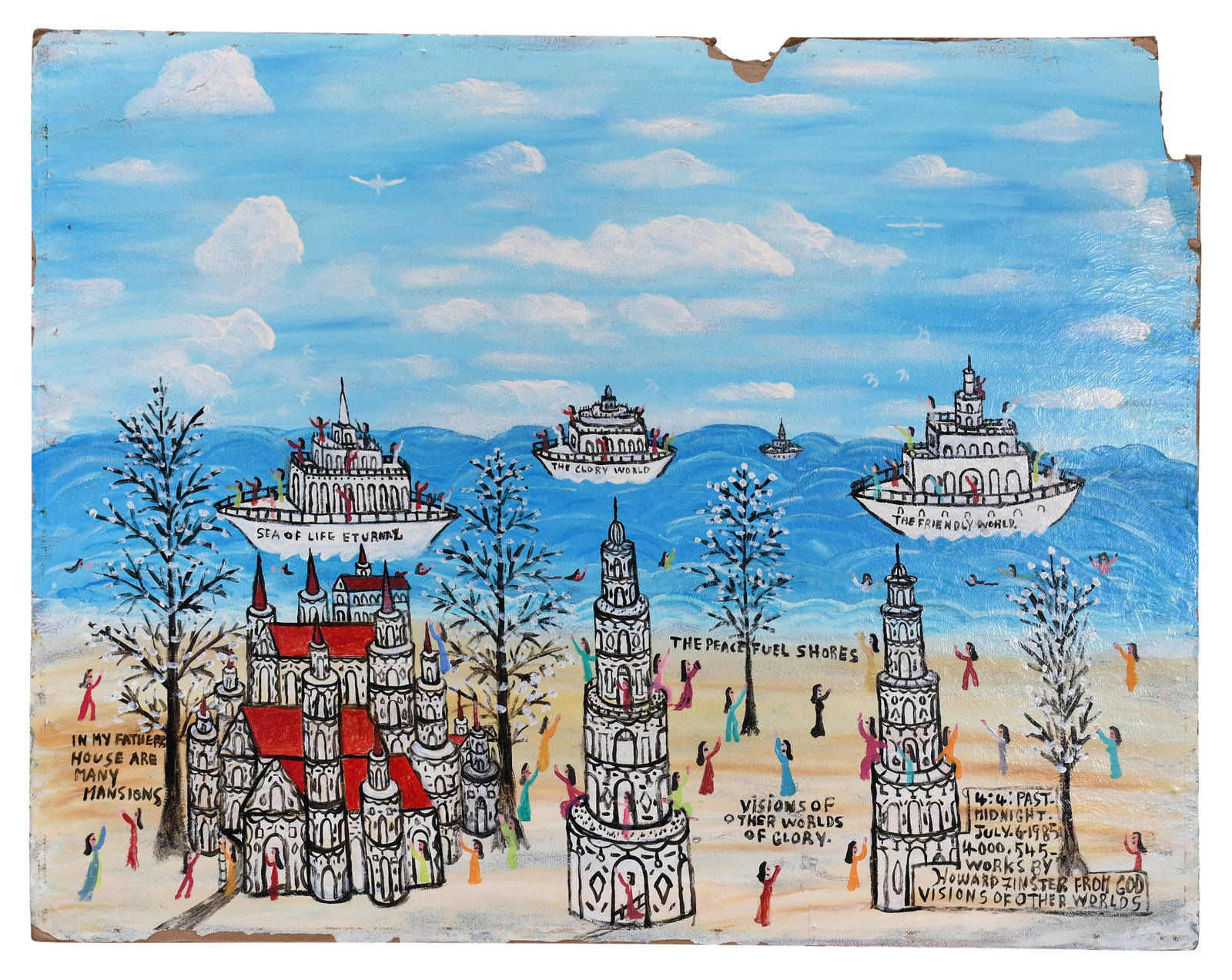 Howard Finster. The Peaceful Shores.: Howard Finster. The Peaceful Shores. 1985. #4,545. Signed, dated, titled, numbered. Enamel on found scrap cardboard frame backing. Missing pieces on upper right corner and upper right center. Minor pa