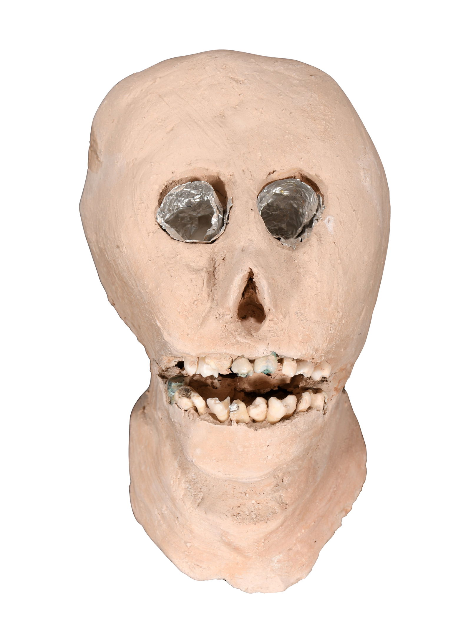 James Son Ford Thomas. Skull With Real Teeth.: James Son Ford Thomas. Skull With Real Teeth. c. 1989. Signed. Gumbo clay and plaster of Paris with teeth and aluminum fool with cotton packing. Excellent condition. Masterpiece example. 7" h. Purchas