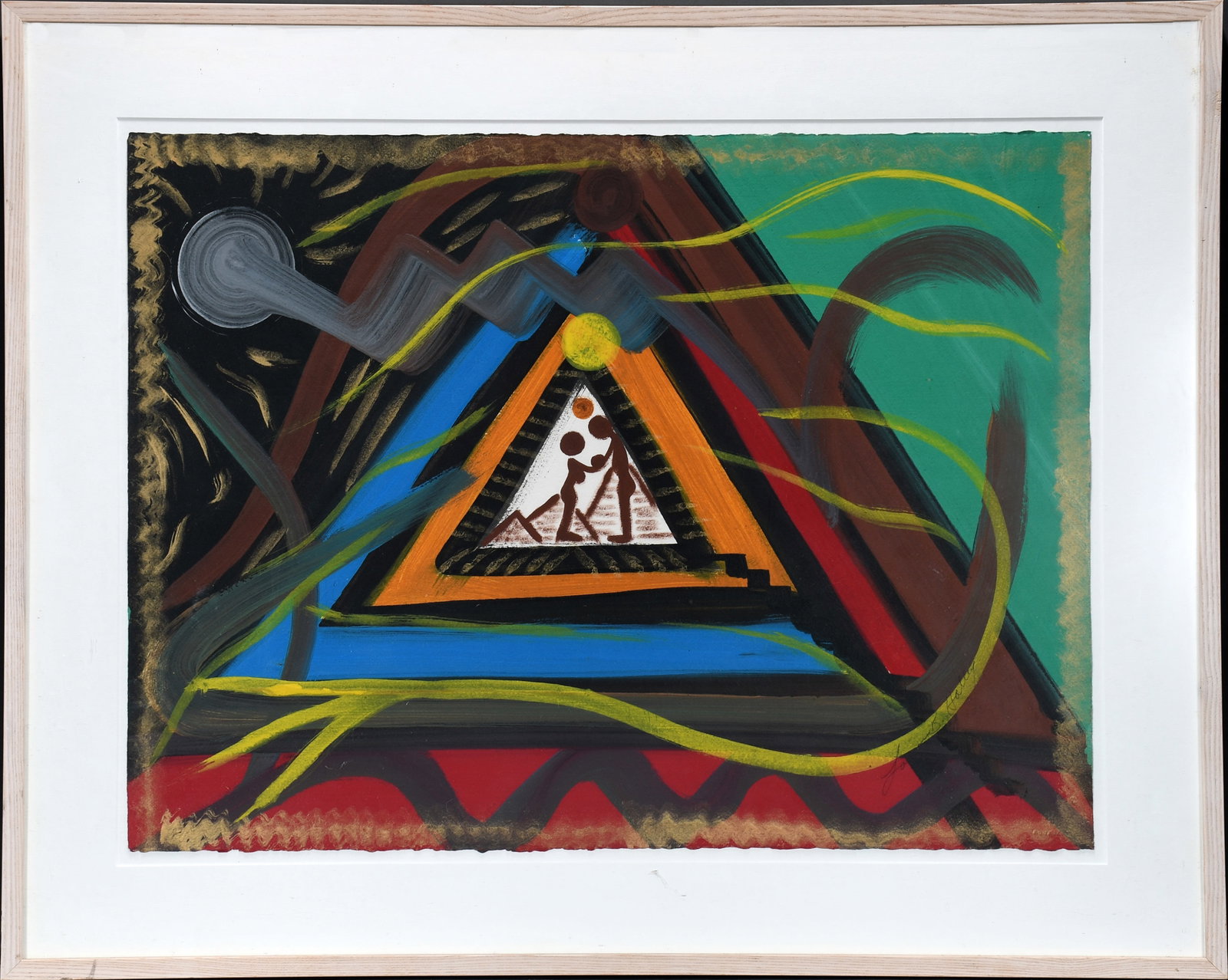 Lonnie Holley. Pyramids and Past.: Lonnie Holley. Pyramids and Past. 1992. Signed and dated. Paint on poster. Excellent condition. Image is 30" w x 22" h. Frame is 38" w x 30" h. Provenance: The Larry and Jane Schlachter Collection. Es