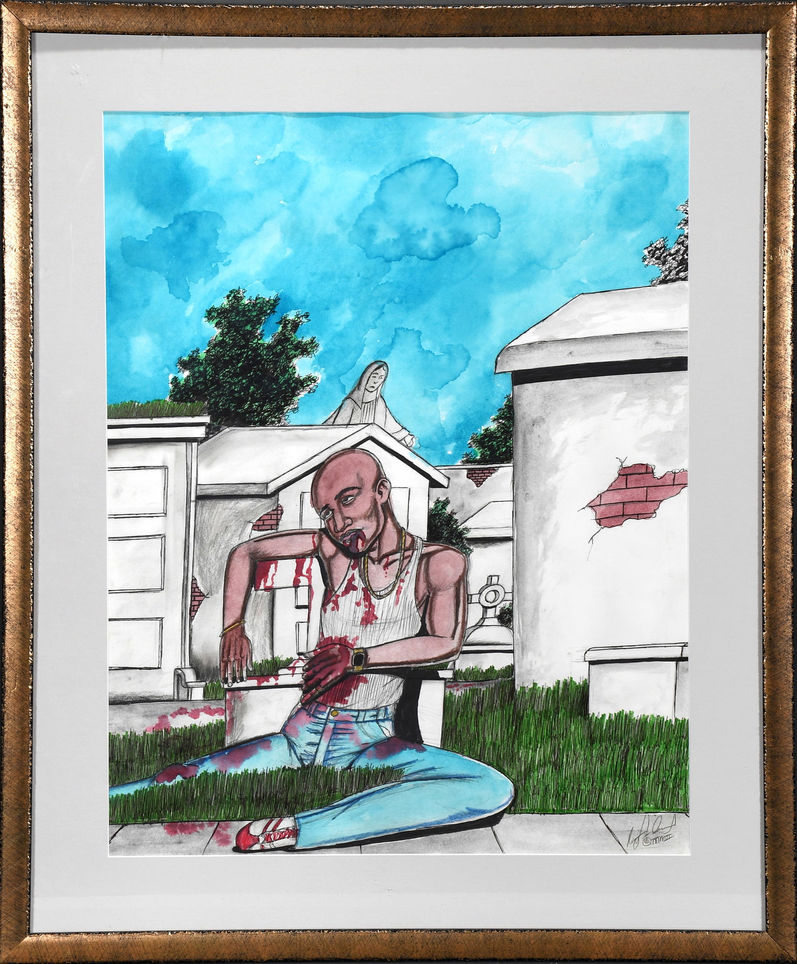 Roy Ferdinand. New Orleans Cemetary Scene.: Roy Ferdinand. New Orleans Cemetery Scene. Signed. Paint, Ink and marker on poster. Excellent condition. Frame is 29" w x 35" h. Est. $1,000-$2,000. Ship: $200