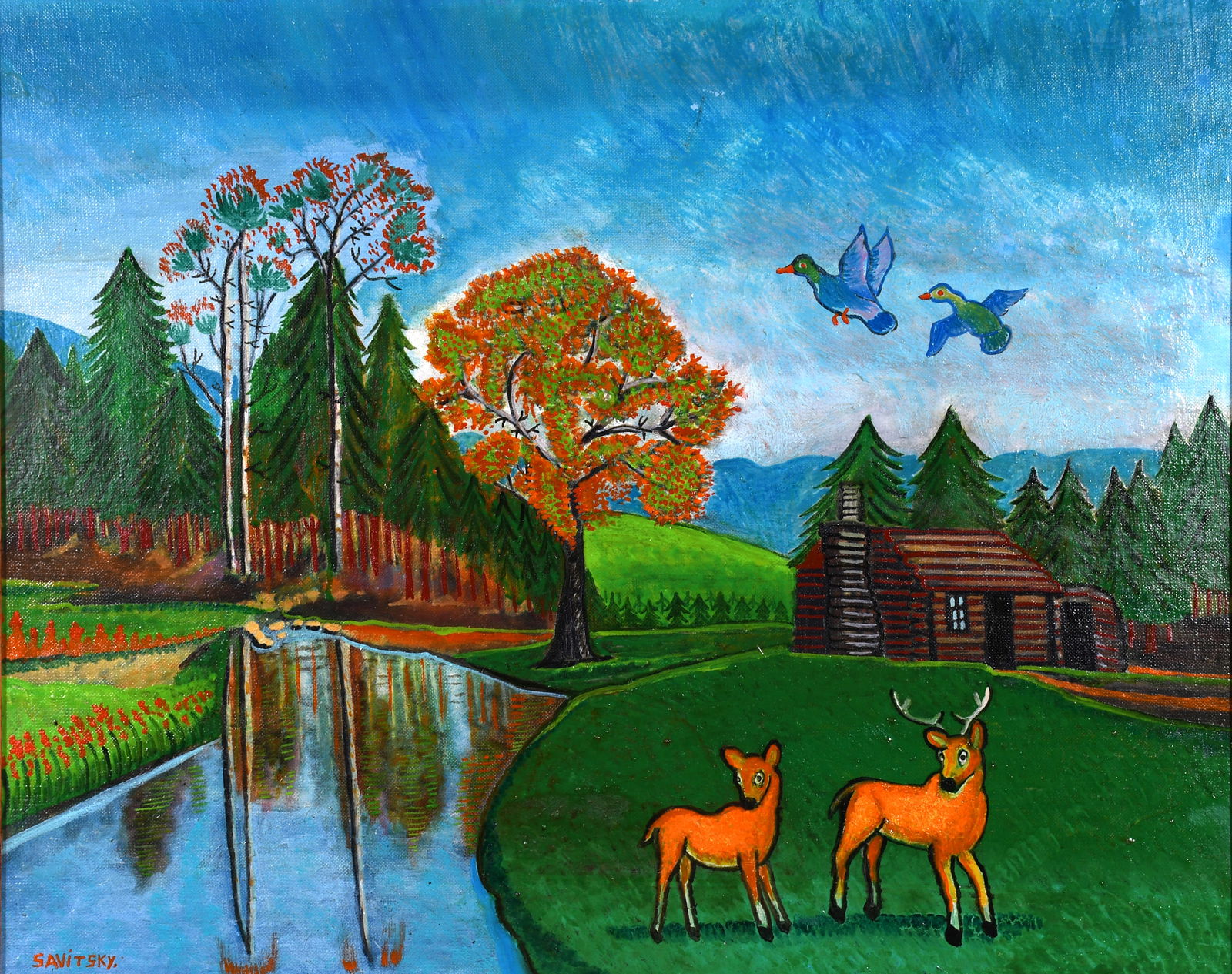 Jack Savitsky. My Hunting Camp.: Jack Savitsky. My Hunting Camp. 1965. Signed and titled. Oil and varnish on canvas panel. Excellent condition. Frame is 22" w x 18" h. Est. $800-$1,200. Ship: $45