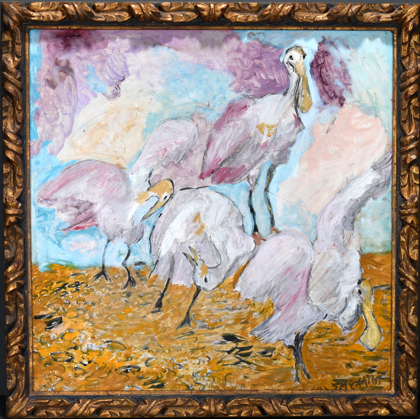 Justin McCarthy. The Flamingos.: Justin McCarthy. The Flamingos. Signed. Oil on Masonite. Minor surface wear and rubs, otherwise very good condition. Frame is 26" w x 26" h. Est. $2,000-3,000. Ship: $85