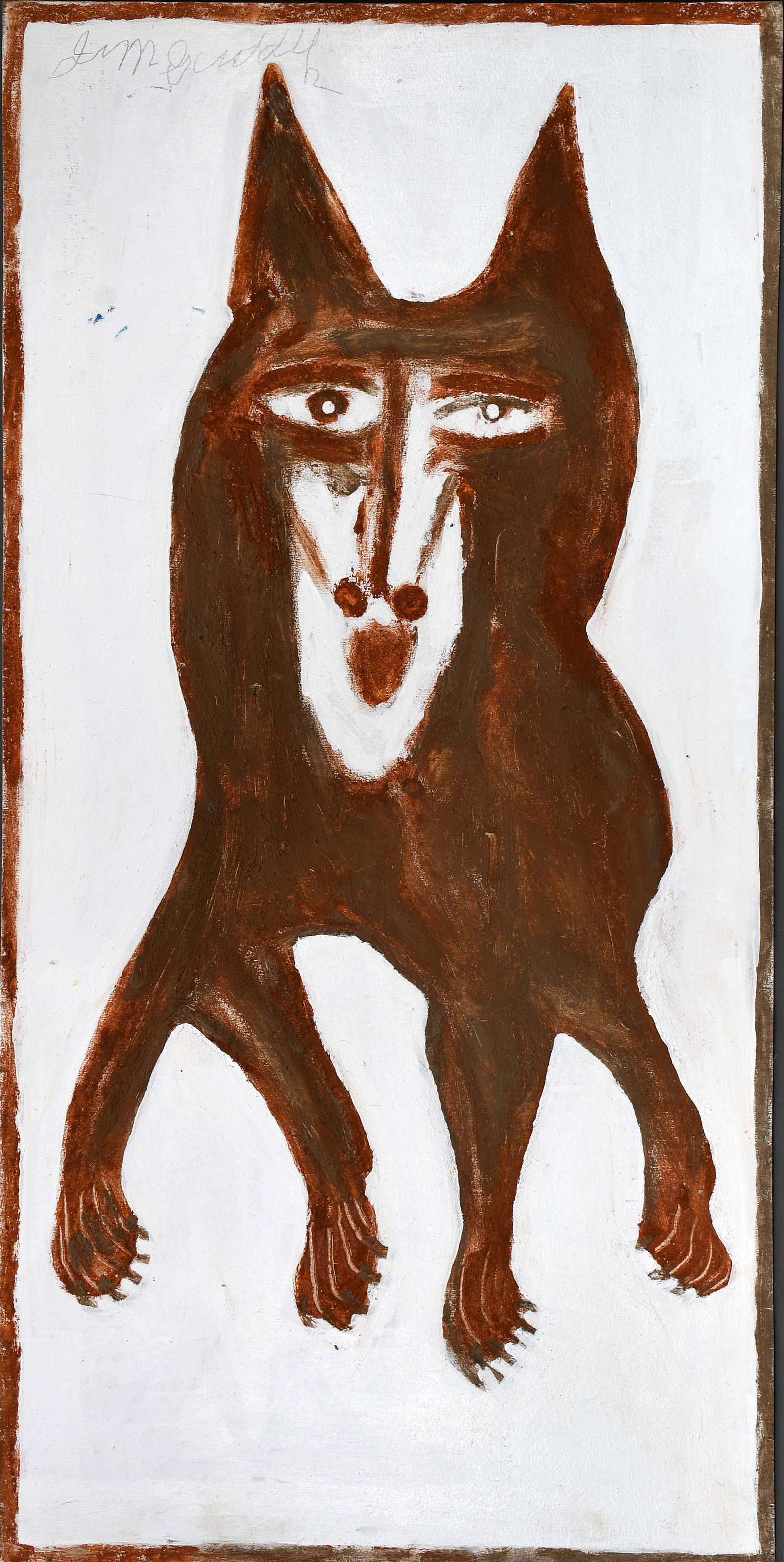 Jimmy Lee Sudduth. Early Toto.: Jimmy Lee Sudduth. Early Toto. c. 1980's. Signed. Heavy mud and paint on board. Stray blue marks, otherwise excellent condition. 24" w x 48" h. Est. $2,000-4,000. Ship: $150