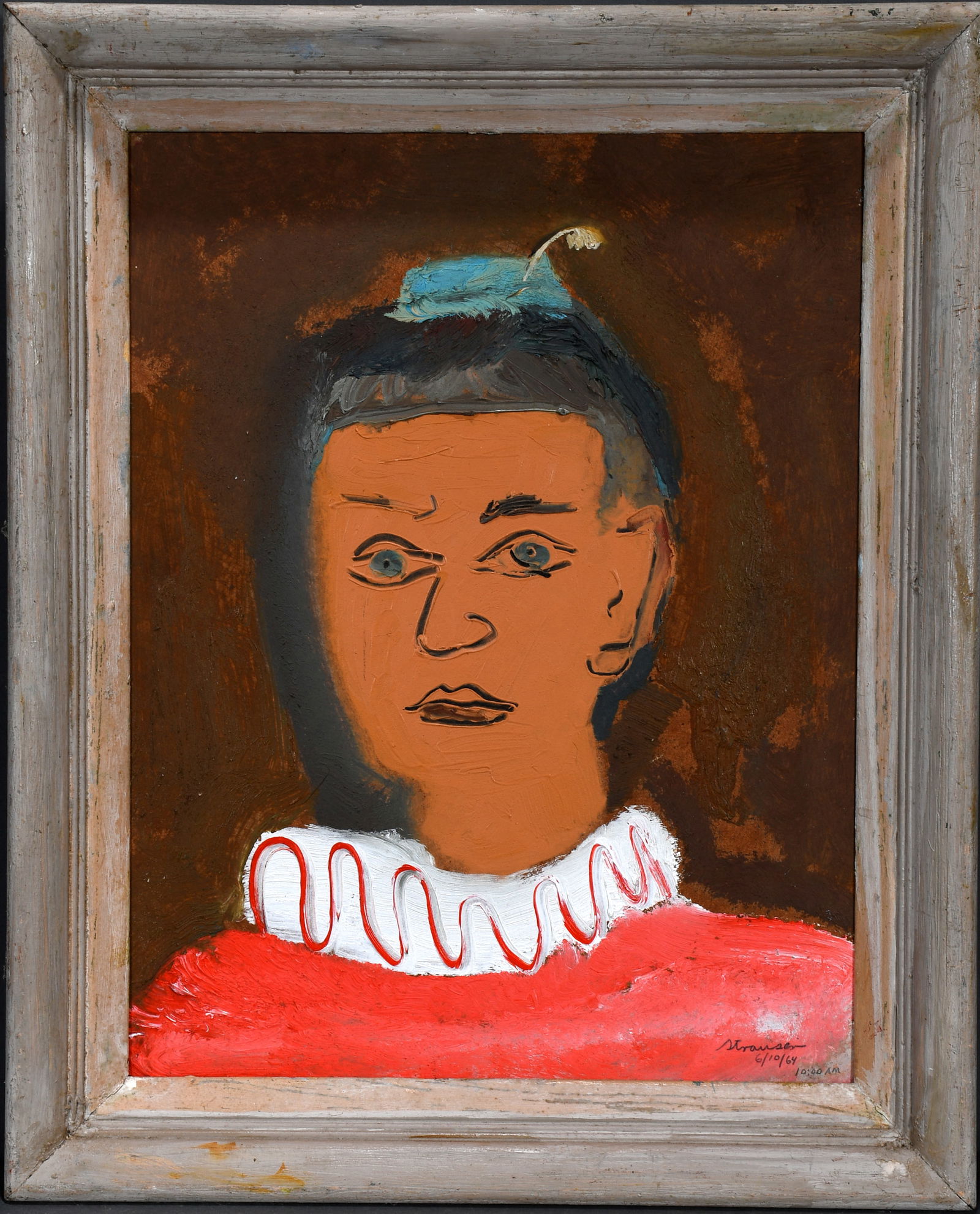 Sterling Strauser. Woman With A Blue Hat.: Sterling Strauser. Woman With A Blue Hat. 1964. Signed and dated. Heavy oil on Masonite. Excellent condition. Frame is 17" w x 22" h. Est. $600-$900. Ship: $55