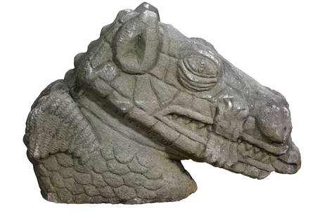 Tim Lewis. Large Dragon Head.: Tim Lewis. Large Dragon Head. 1992. Signed and dated. Limestone carving. Some wear on carving and covered with mossy patina otherwise very good condition. Very heavy. 26" w x 19.5" h. Est. $1,000-2,00