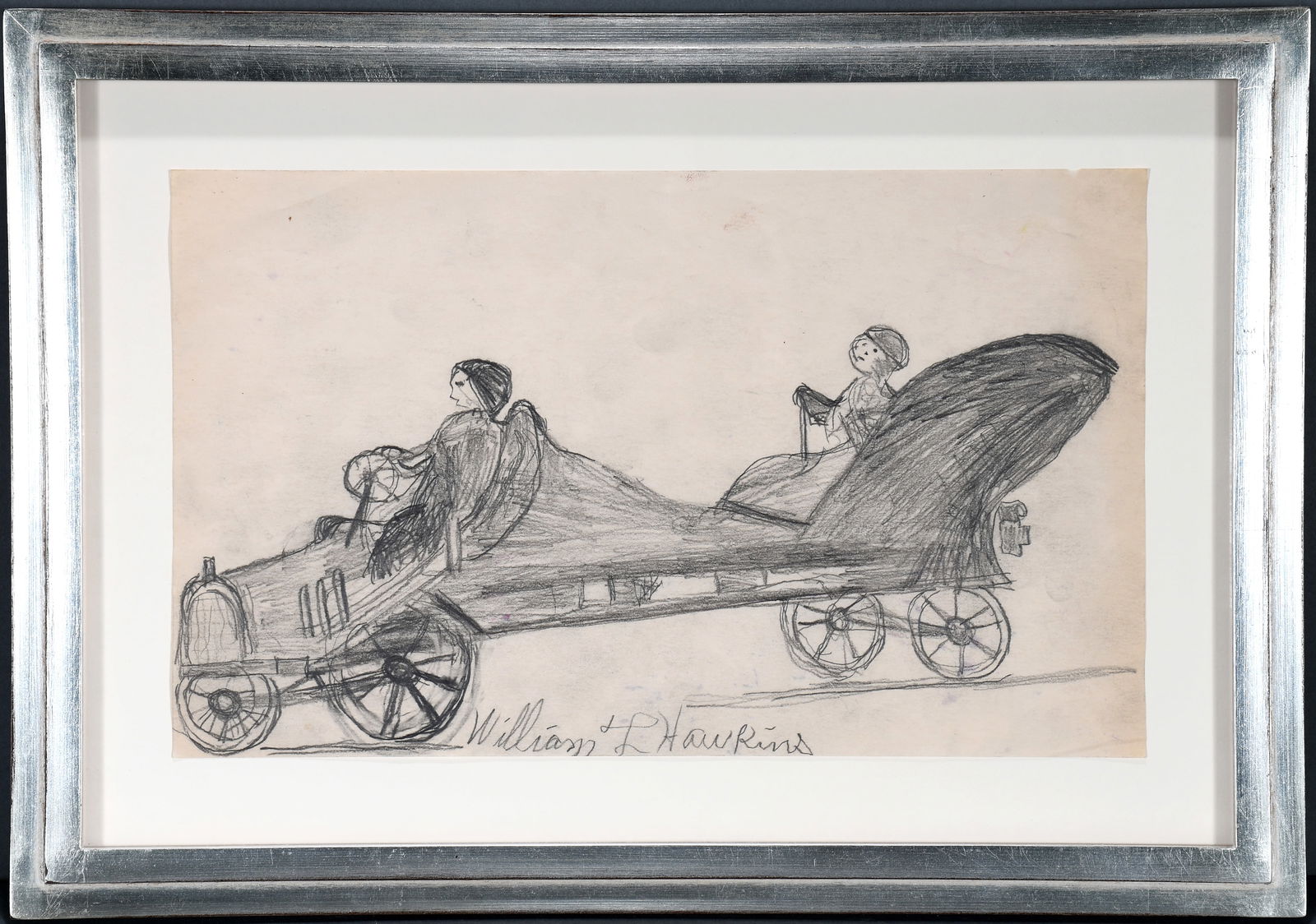 William Hawkins. Driving With Lady In Buggy.: William Hawkins. Driving With Lady In Buggy. Signed. Graphite on paper. Excellent condition. Image is 14" w x 8.5". Frame is 18.5" w x 13" h. Provenance: Lee Garrett. Est. $800-1,200. Ship: $45