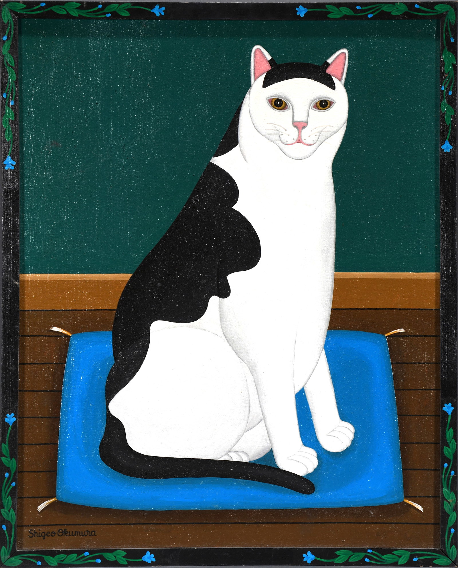 Shigeo Okumura. Pucci On A Blue Cushion.: Shigeo Okumura. Pucci On A Blue Cushion. 1981. Signed, dated and titled. Oil on canvas. Excellent condition. Size with artist decorated frame 17" w x 21" h. Provenance: The Gary Davenport Collection. 