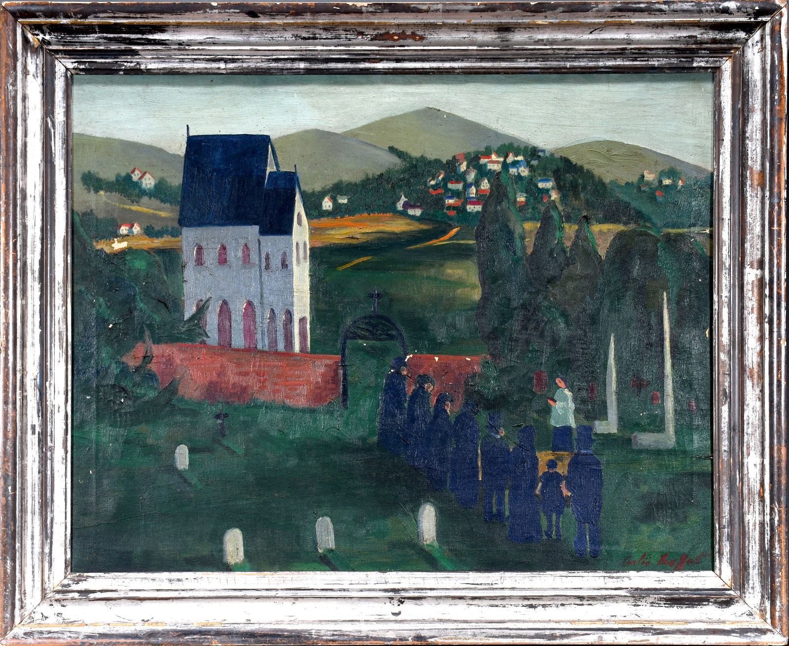 Curtis Moffat. The Funeral.: Curtis Moffat. The Funeral. c. first quarter of the 20th century. Signed. Oil on canvas. Possibly relined with minor inpainting and paint flaking, otherwise good to fair condition. Frame is 34" w x 28