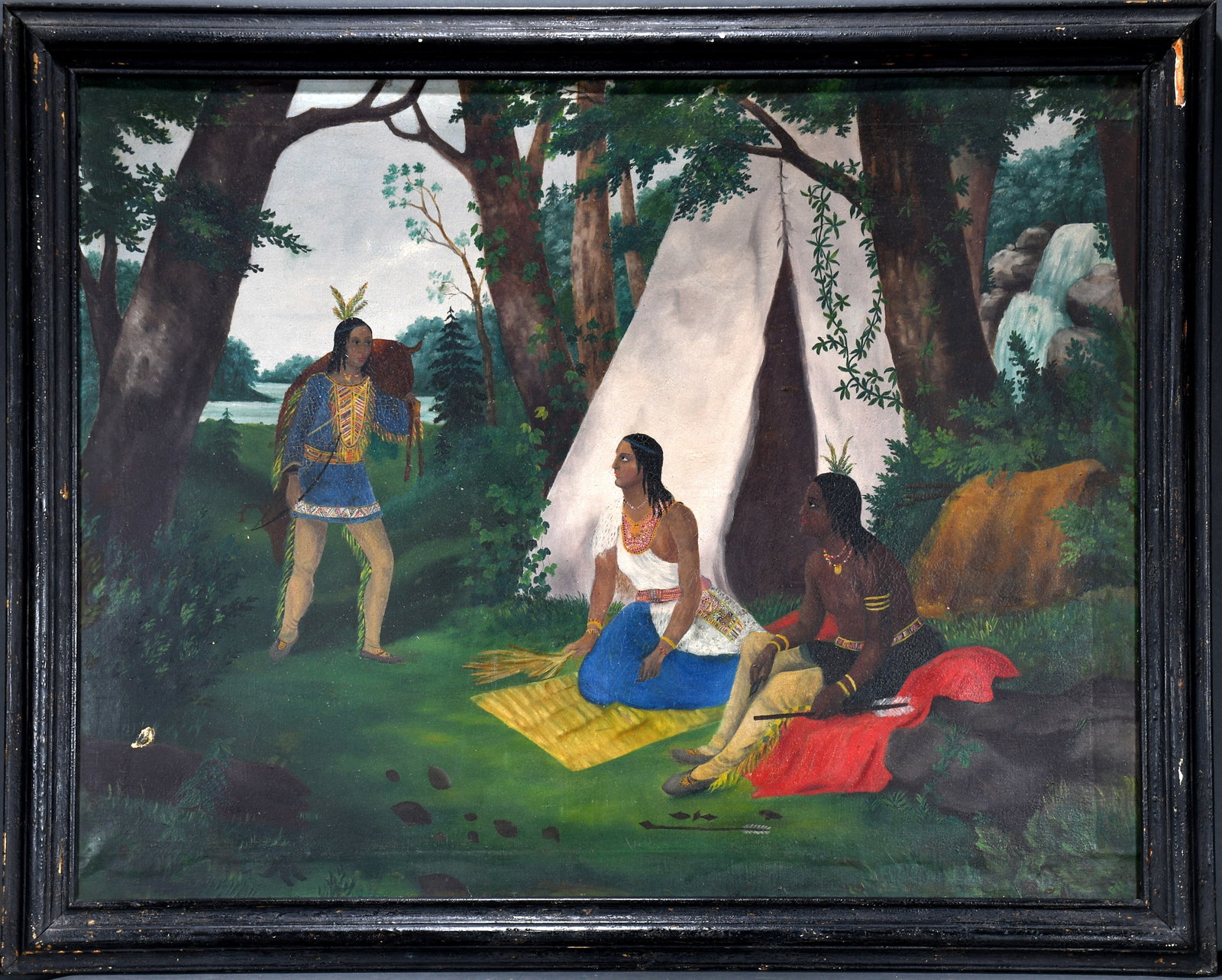 Anonymous. Indian Encampment.: Anonymous. Indian Encampment. c. 1890's-1910's. Not signed. Oil on canvas. Tear lower left and crazing on figures, darkened surface due to age, otherwise good condition. Frame is 40" w x 32" h. Proven