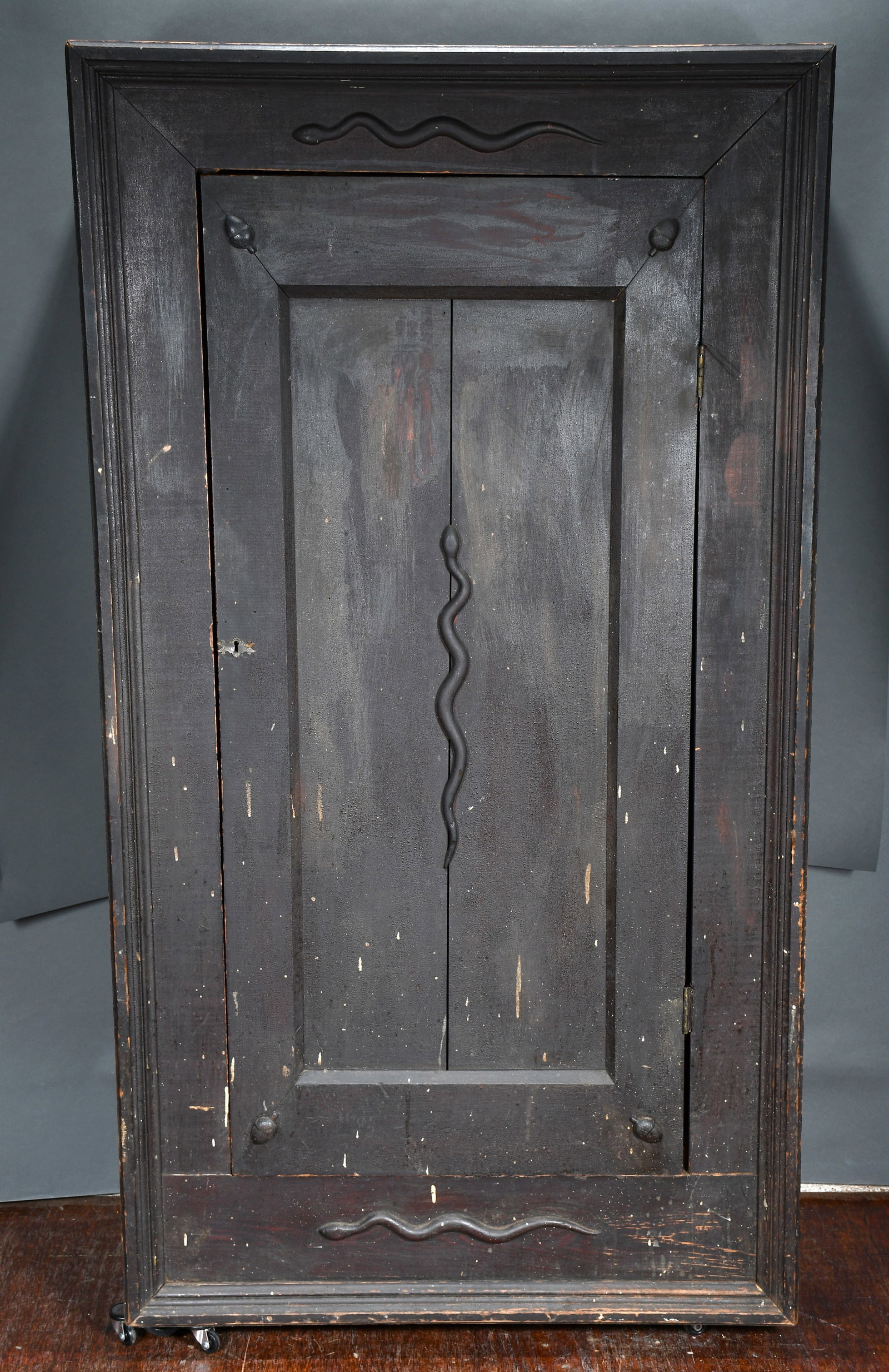 Adirondack Hunting Lodge Cabinet Adorned With Snakes and Acorns.: Adirondack Hunting Lodge Cabinet Adorned With Snakes and Acorns. c. 1900's. Sides and fronts are original found wood with nice early patina and alligator crazing. Back possible replaced later. Surface