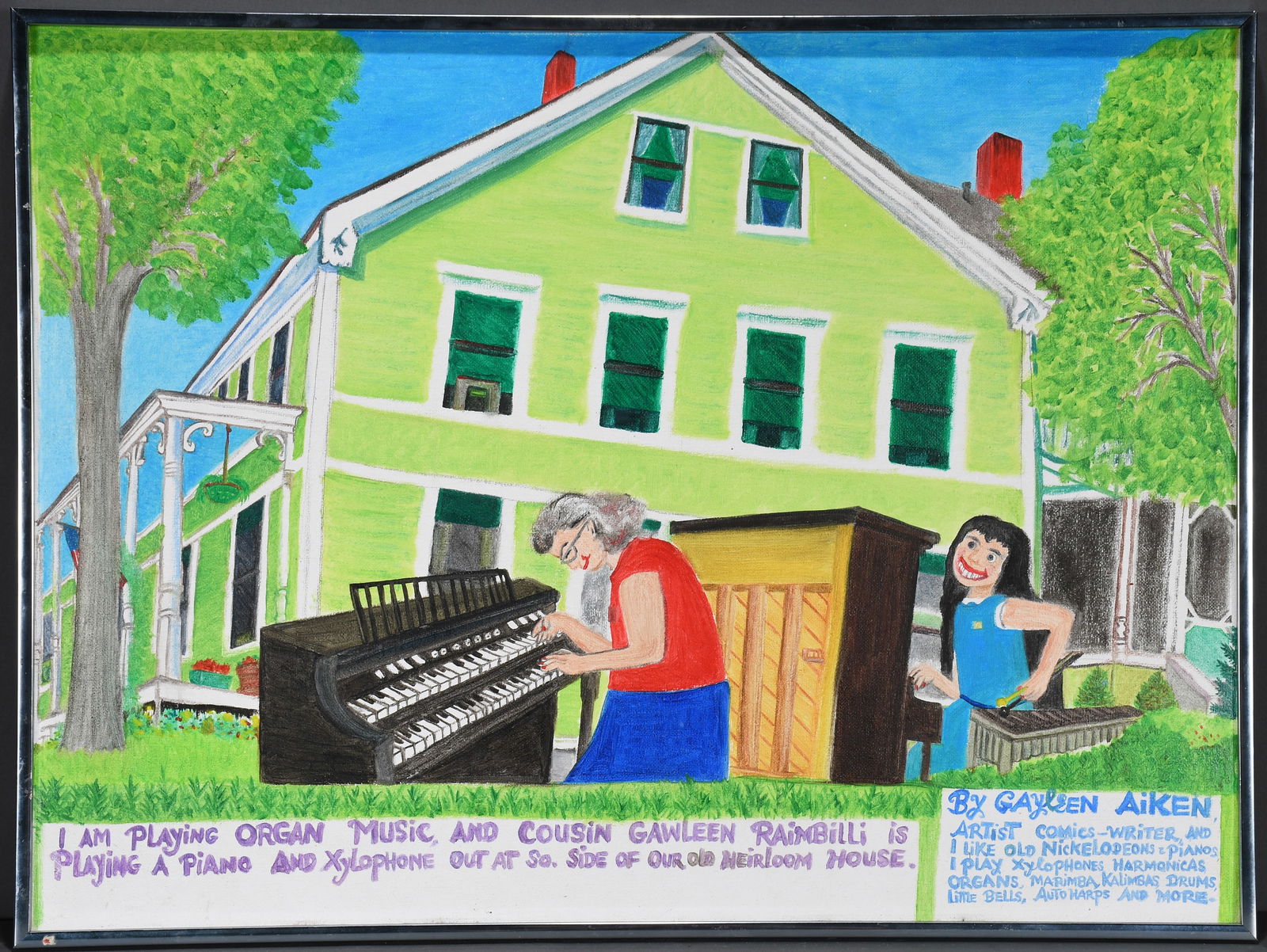 Gayleen Aiken. Organ and Piano Southside of House.: Gayleen Aiken. Organ and Piano Southside of House. 1986. Signed, dated and titled. Paint on canvas panel. Excellent condition. Frame is 24.5" w x 18.5" h. Est. $500-800. Ship: $65